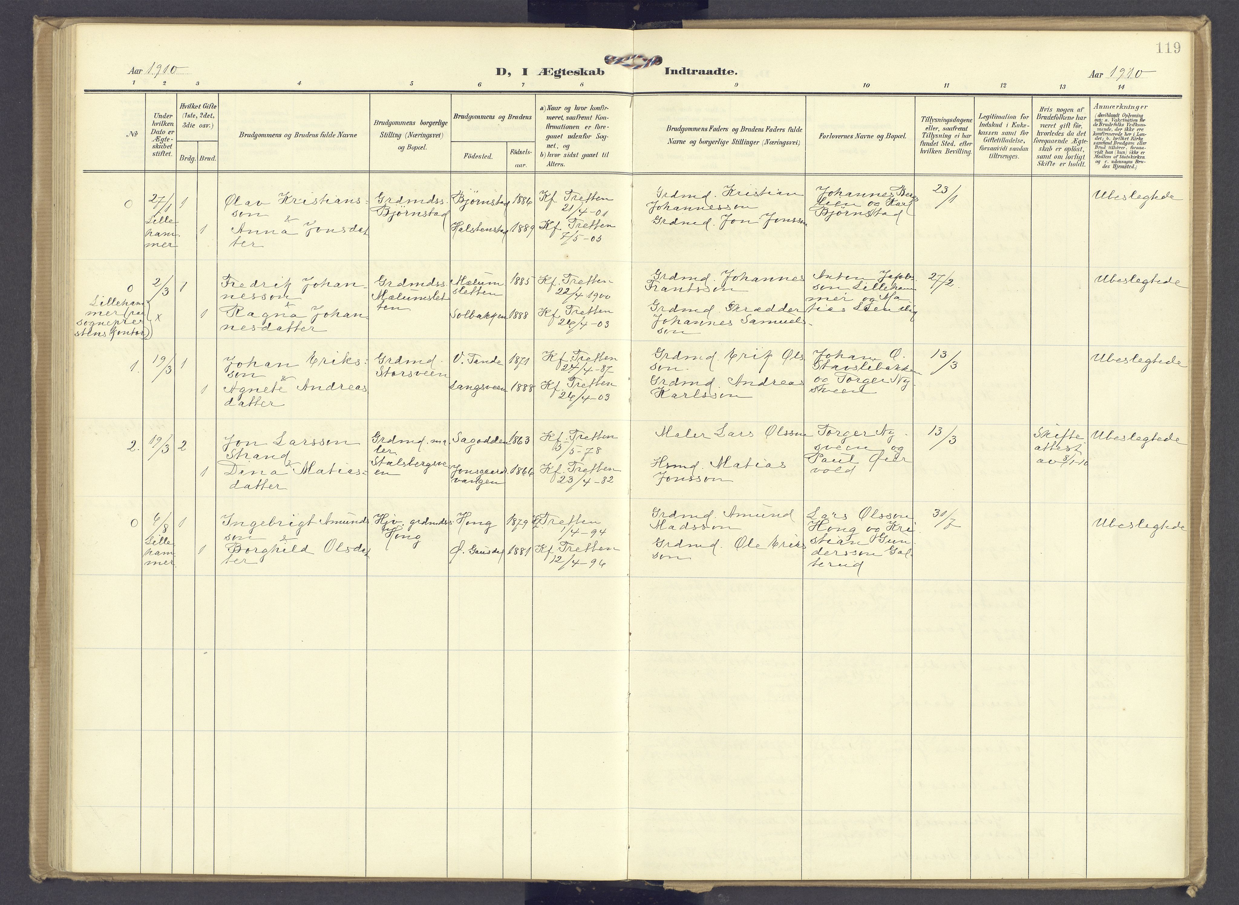 Øyer prestekontor, AV/SAH-PREST-084/H/Ha/Haa/L0013: Parish register (official) no. 13, 1905-1920, p. 119