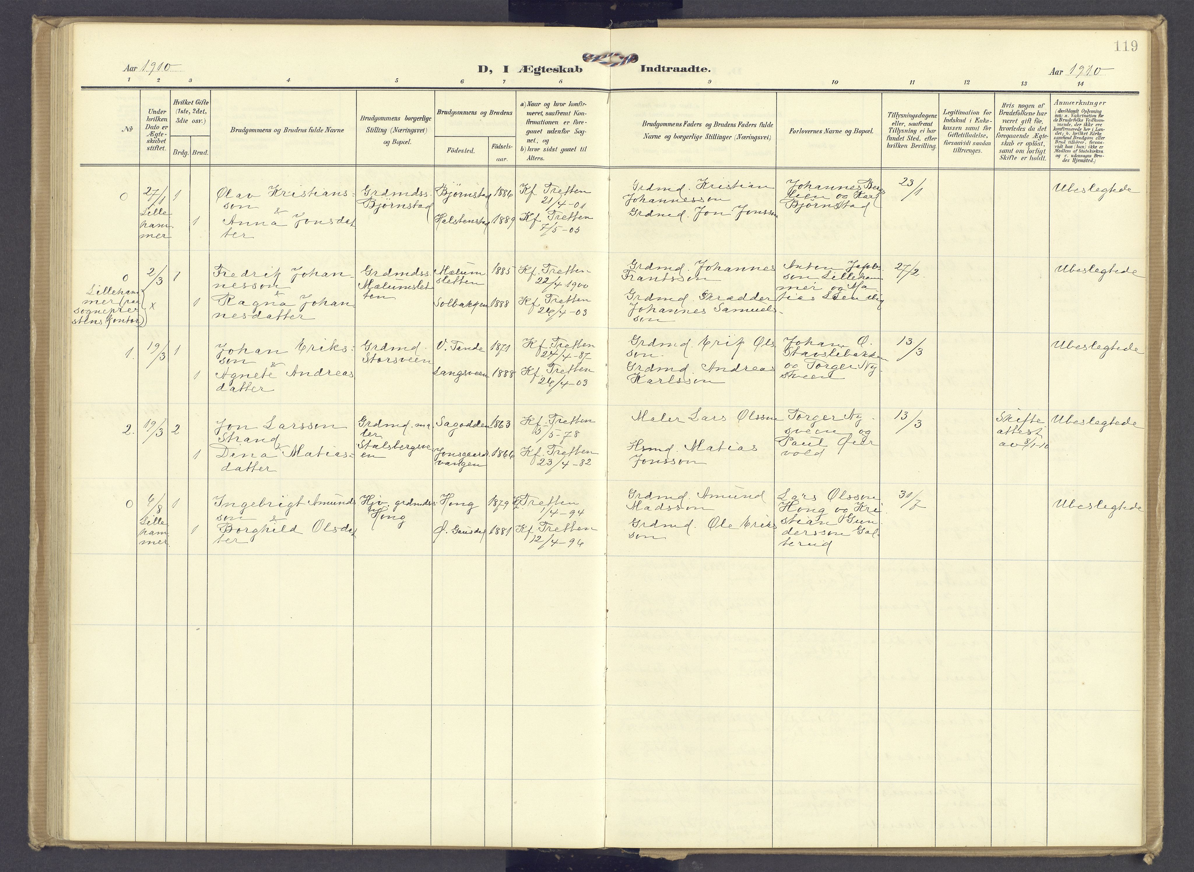 Øyer prestekontor, SAH/PREST-084/H/Ha/Haa/L0013: Parish register (official) no. 13, 1905-1920, p. 119