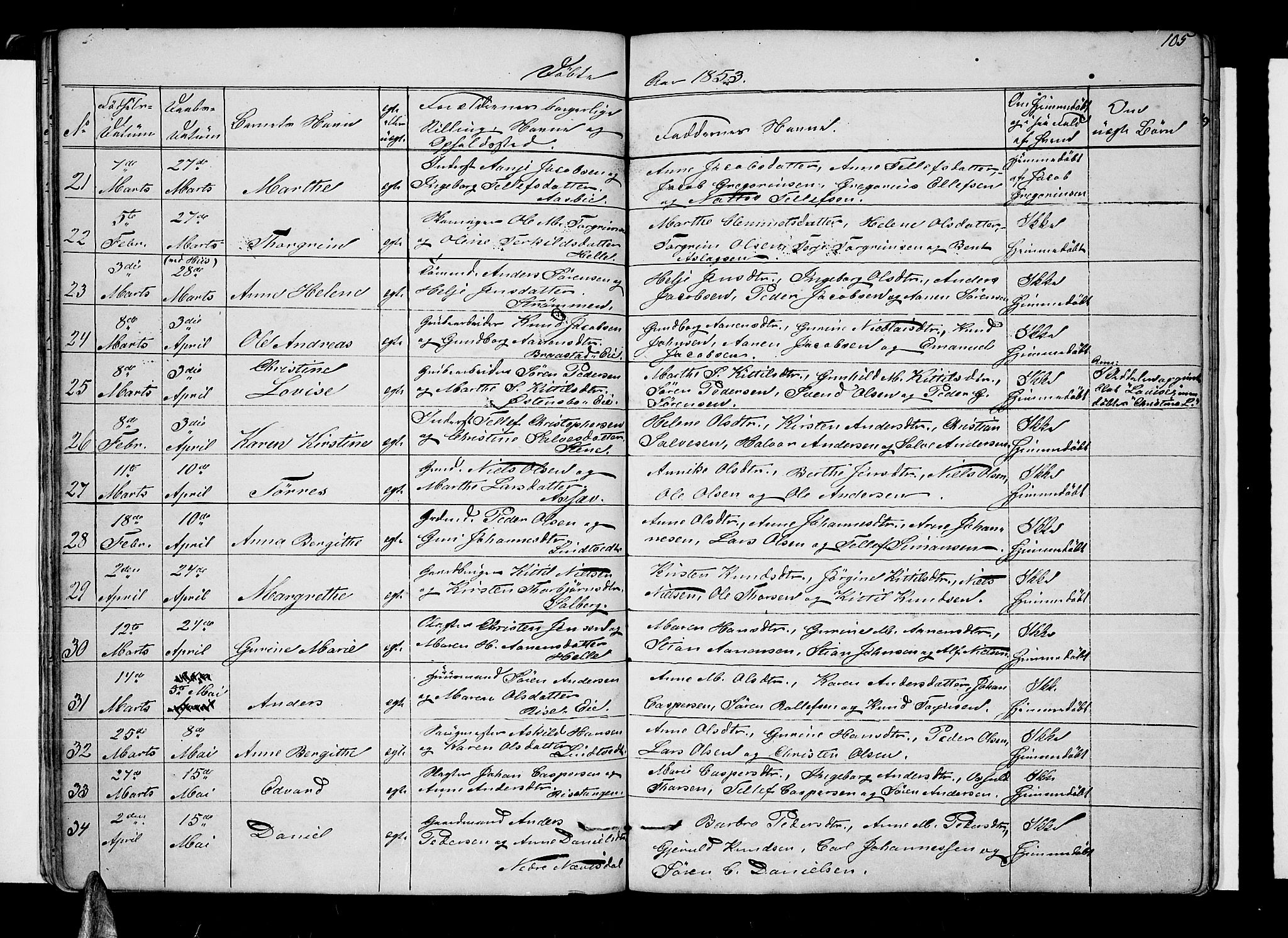 Øyestad sokneprestkontor, SAK/1111-0049/F/Fb/L0006: Parish register (copy) no. B 6, 1843-1854, p. 105