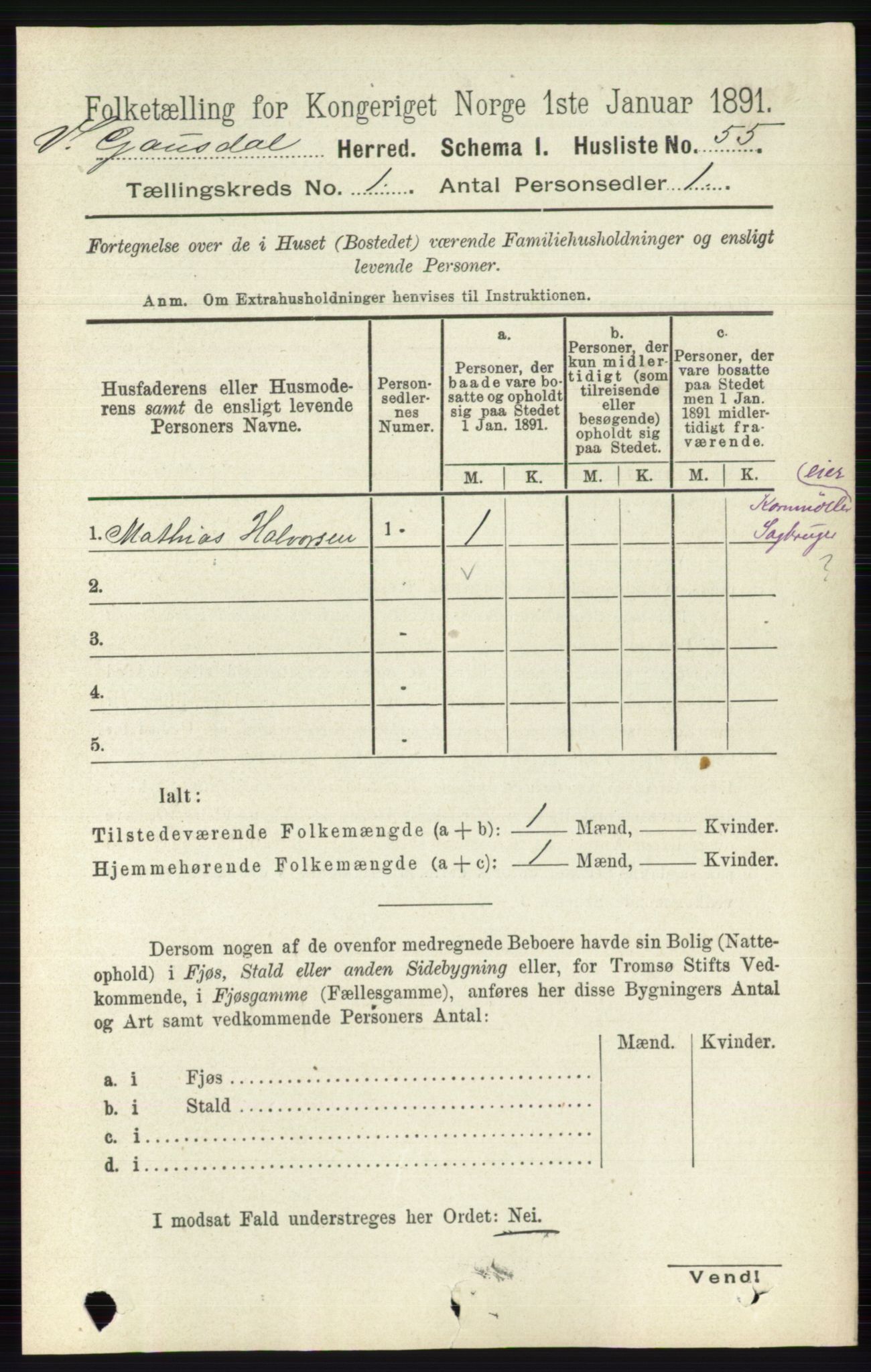 RA, 1891 census for 0523 Vestre Gausdal, 1891, p. 78