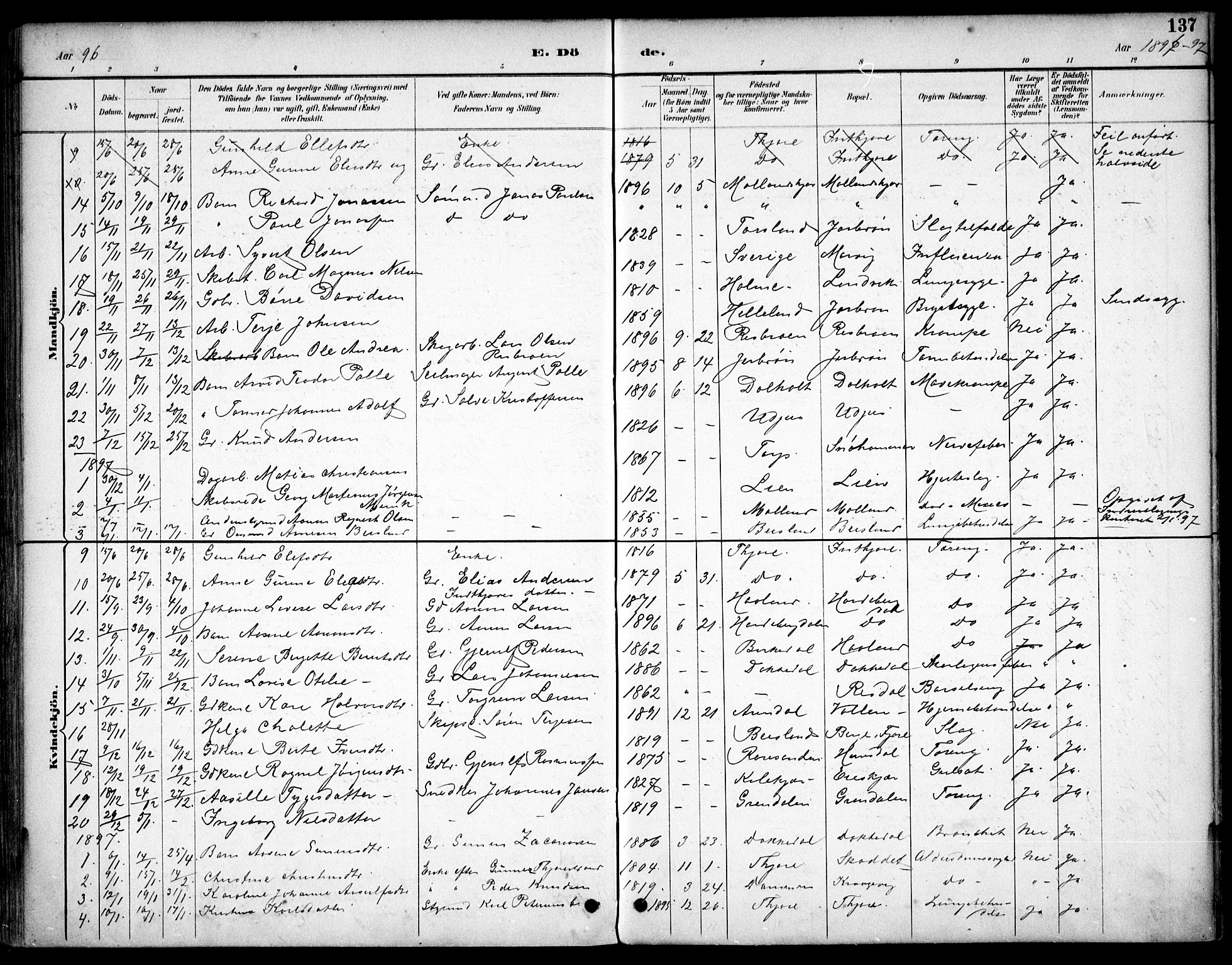 Hommedal sokneprestkontor, AV/SAK-1111-0023/F/Fb/Fbb/L0007: Parish register (copy) no. B 7, 1885-1904, p. 137