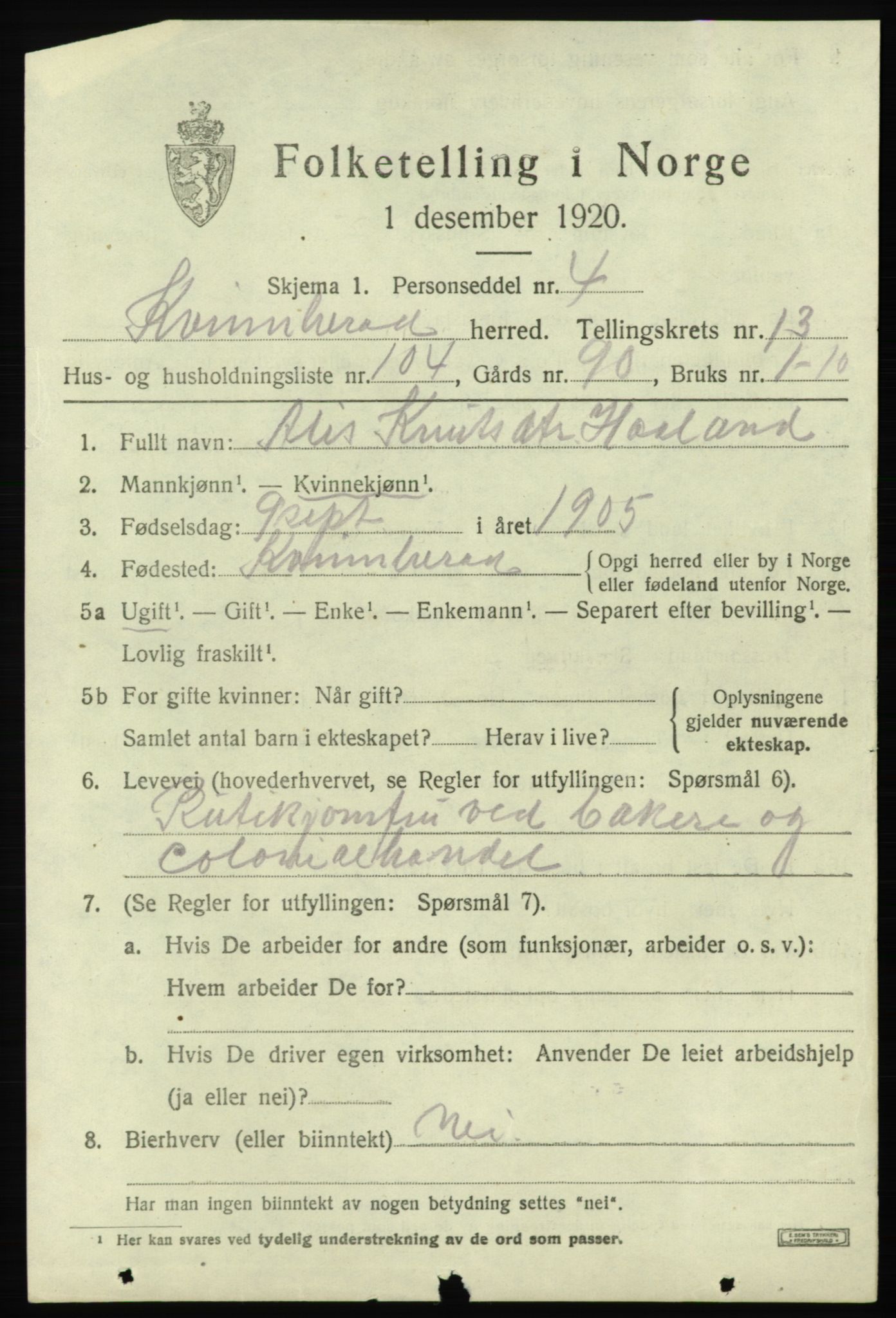 SAB, 1920 census for Kvinnherad, 1920, p. 8788