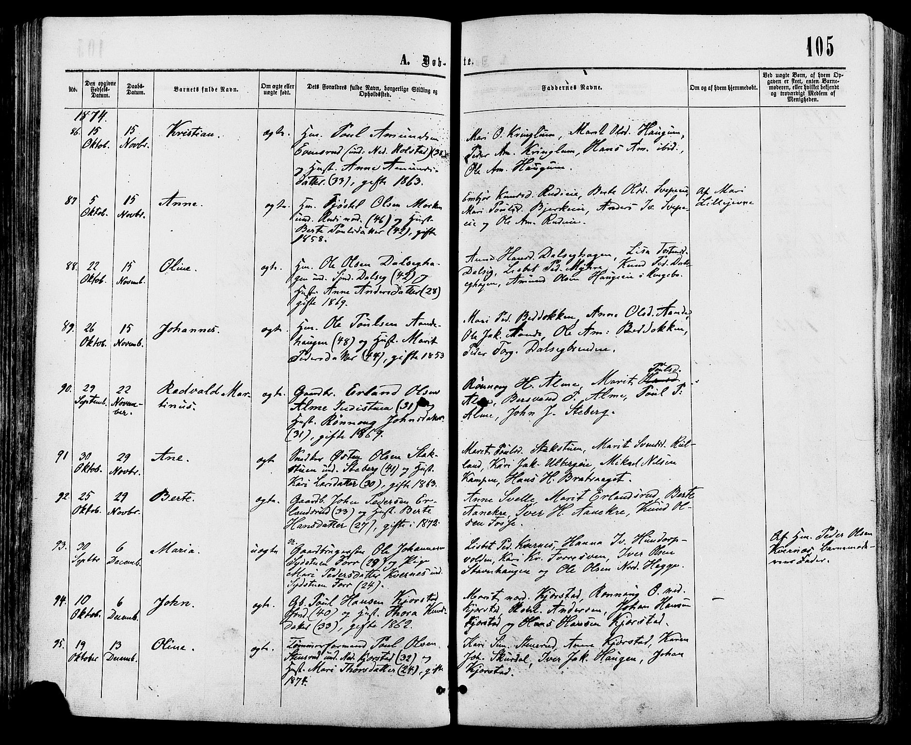 Sør-Fron prestekontor, SAH/PREST-010/H/Ha/Haa/L0002: Parish register (official) no. 2, 1864-1880, p. 105