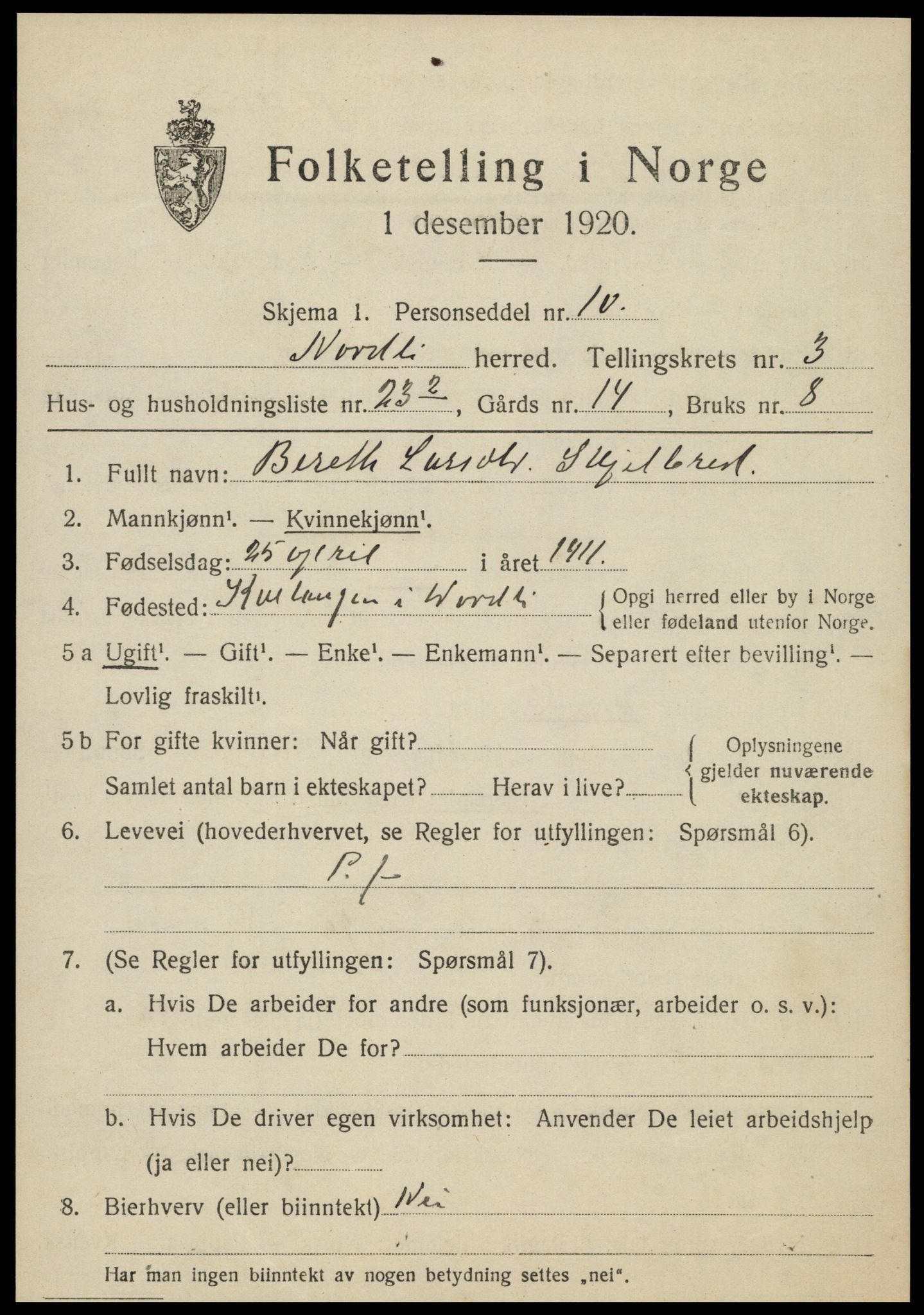 SAT, 1920 census for Nordli, 1920, p. 1645