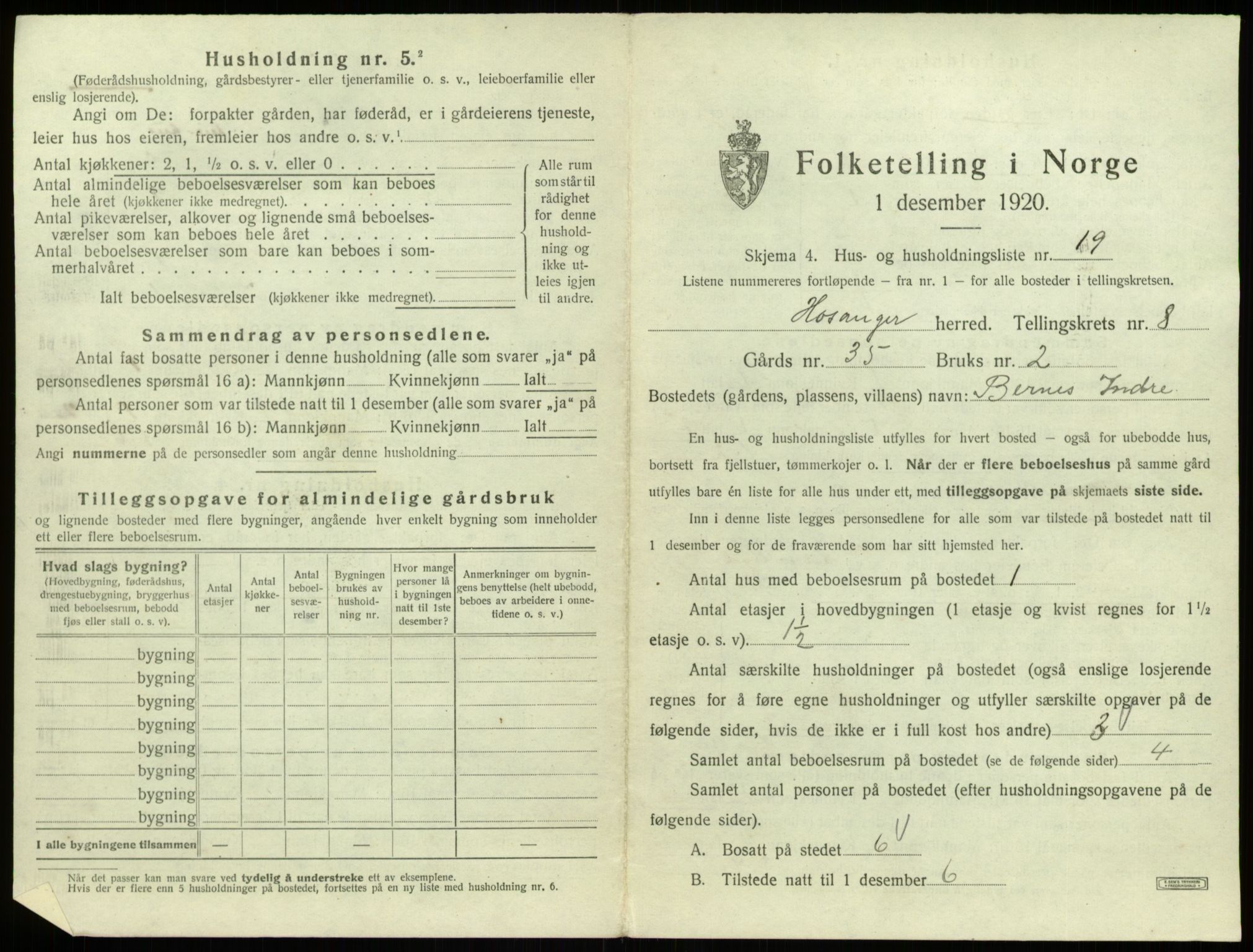 SAB, 1920 census for Hosanger, 1920, p. 462