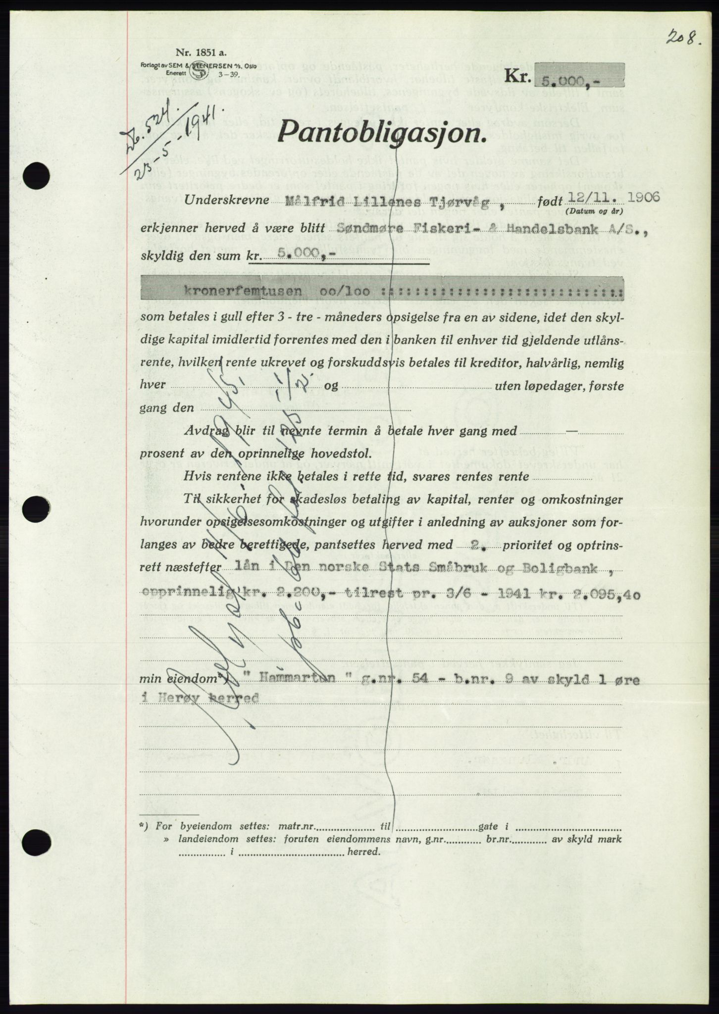 Søre Sunnmøre sorenskriveri, AV/SAT-A-4122/1/2/2C/L0071: Mortgage book no. 65, 1941-1941, Diary no: : 524/1941