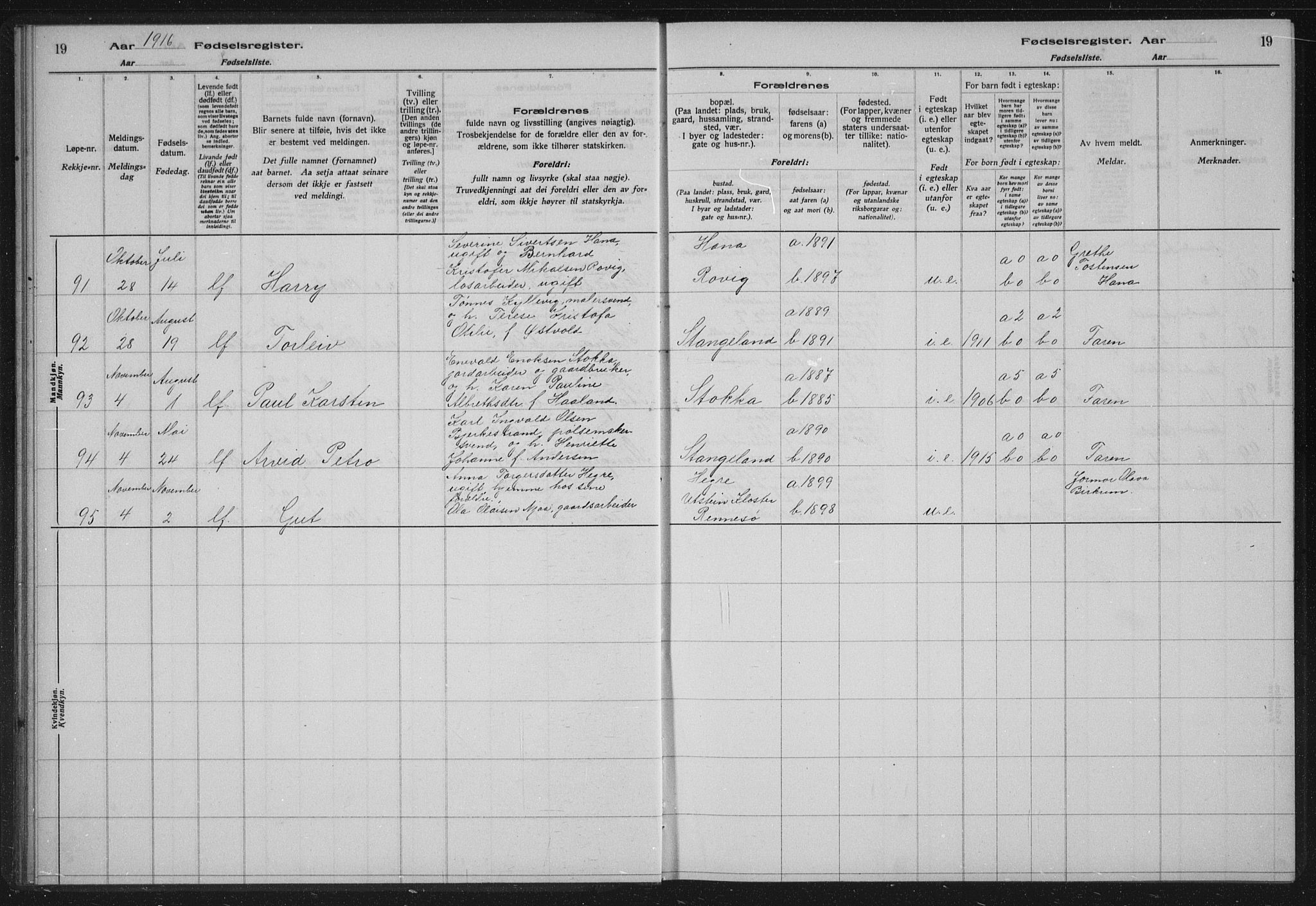 Høyland sokneprestkontor, SAST/A-101799/002/O/L0001: Birth register no. 1, 1916-1924, p. 19