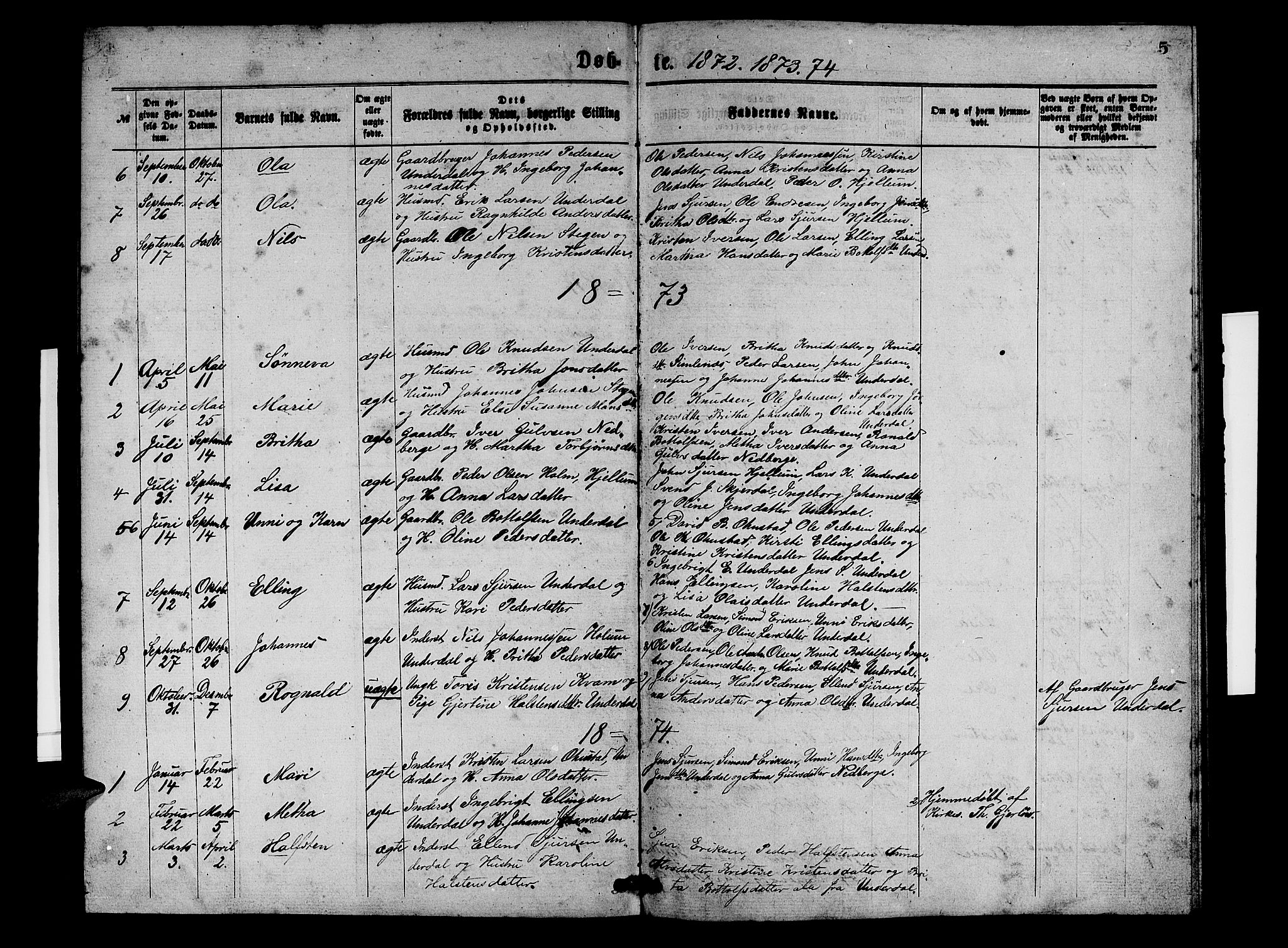 Aurland sokneprestembete, SAB/A-99937/H/Hb/Hbd/L0001: Parish register (copy) no. D 1, 1868-1882, p. 5