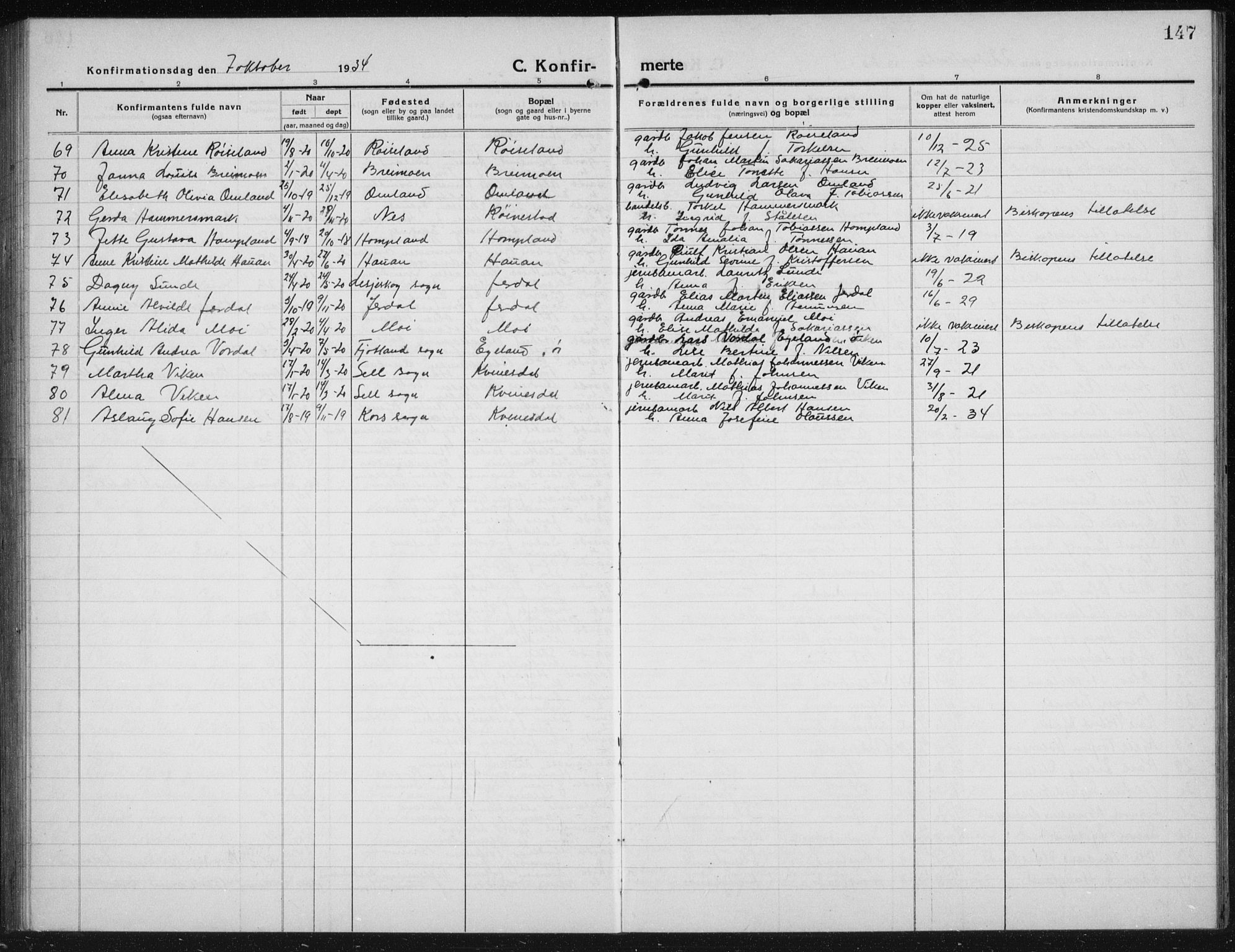 Kvinesdal sokneprestkontor, SAK/1111-0026/F/Fb/Fbb/L0004: Parish register (copy) no. B 4, 1917-1938, p. 147