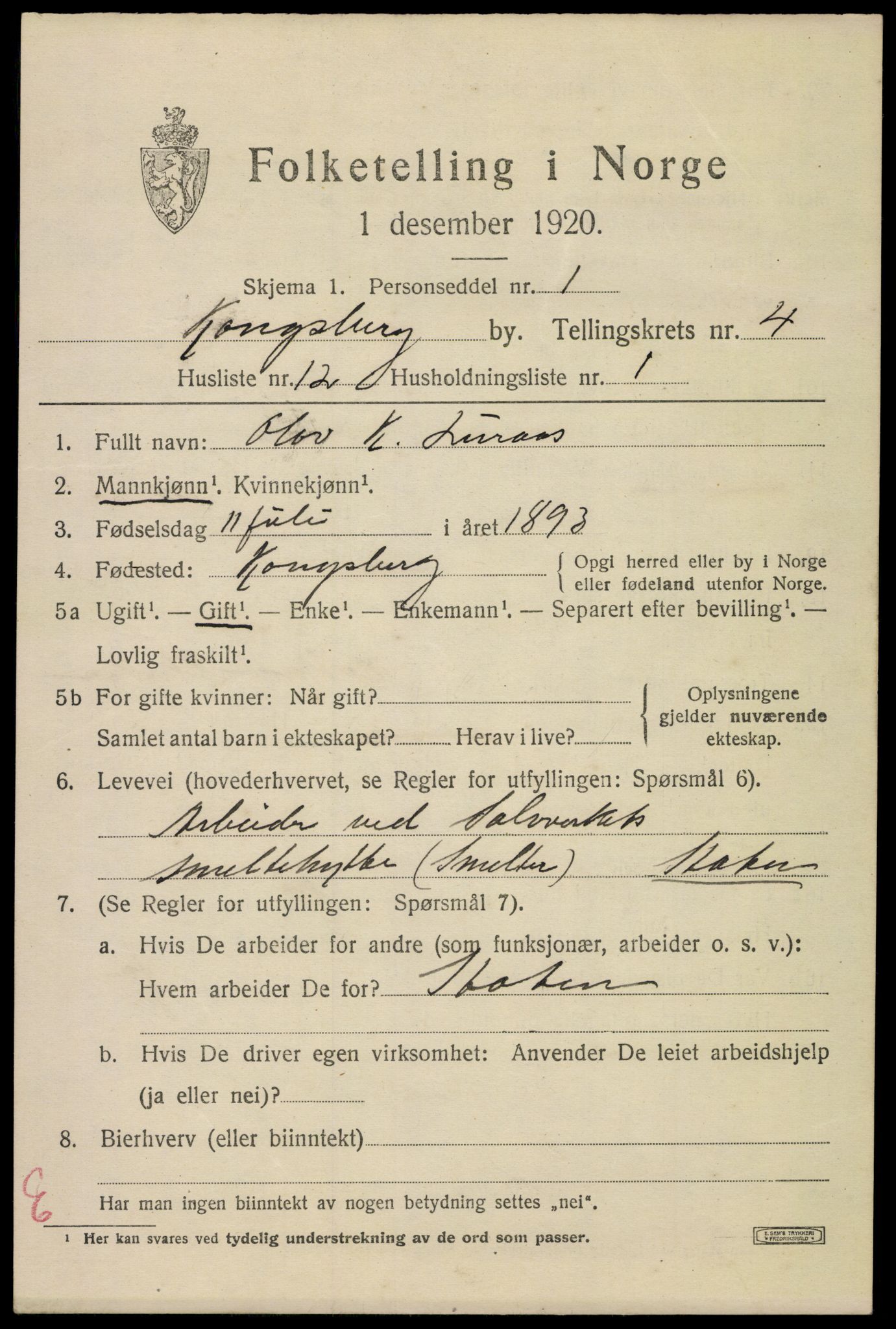 SAKO, 1920 census for Kongsberg, 1920, p. 11132