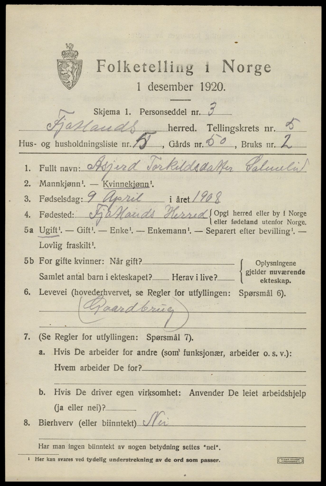 SAK, 1920 census for Fjotland, 1920, p. 1576