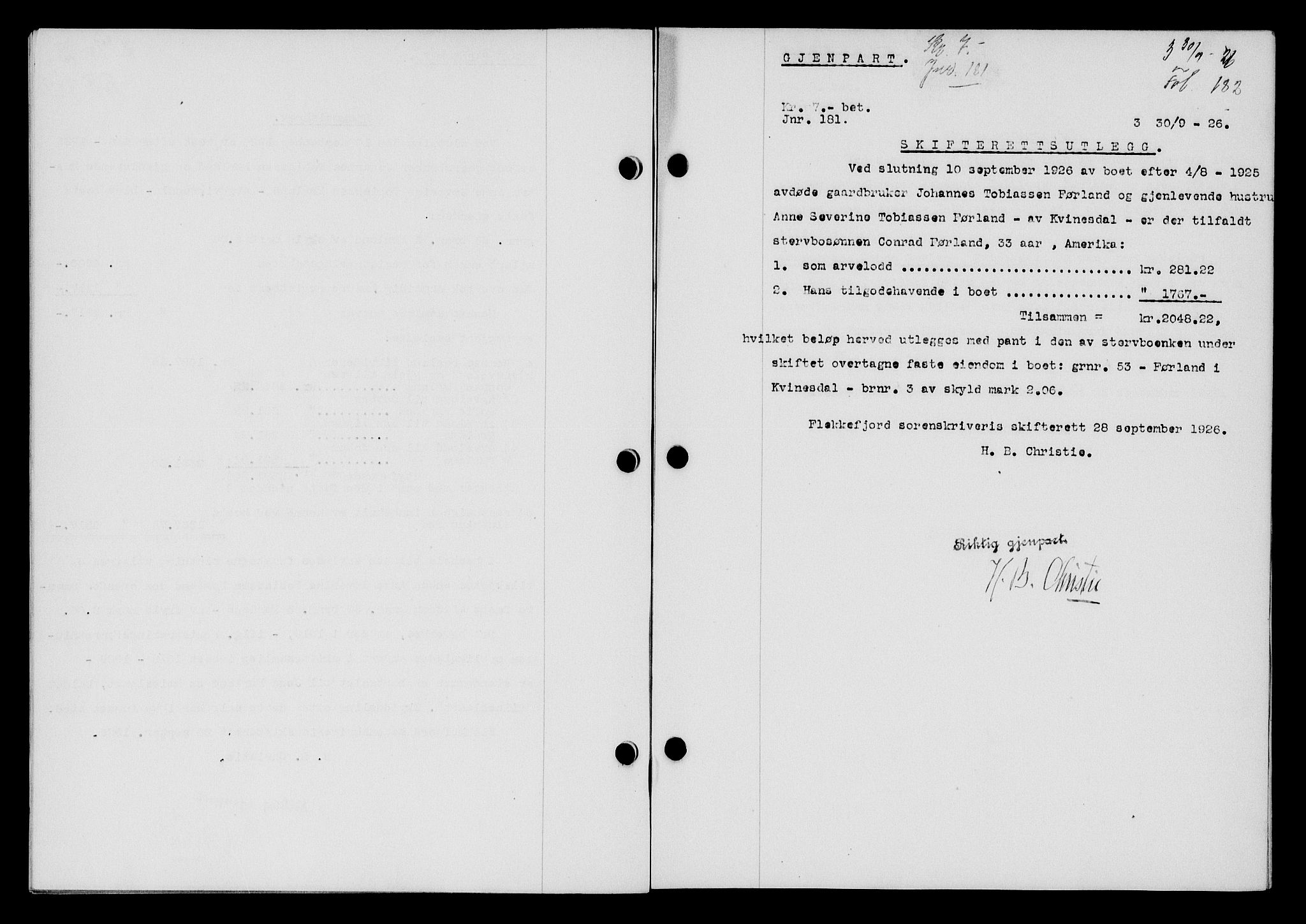 Flekkefjord sorenskriveri, SAK/1221-0001/G/Gb/Gba/L0043: Mortgage book no. 41, 1926-1927, Deed date: 30.09.1926