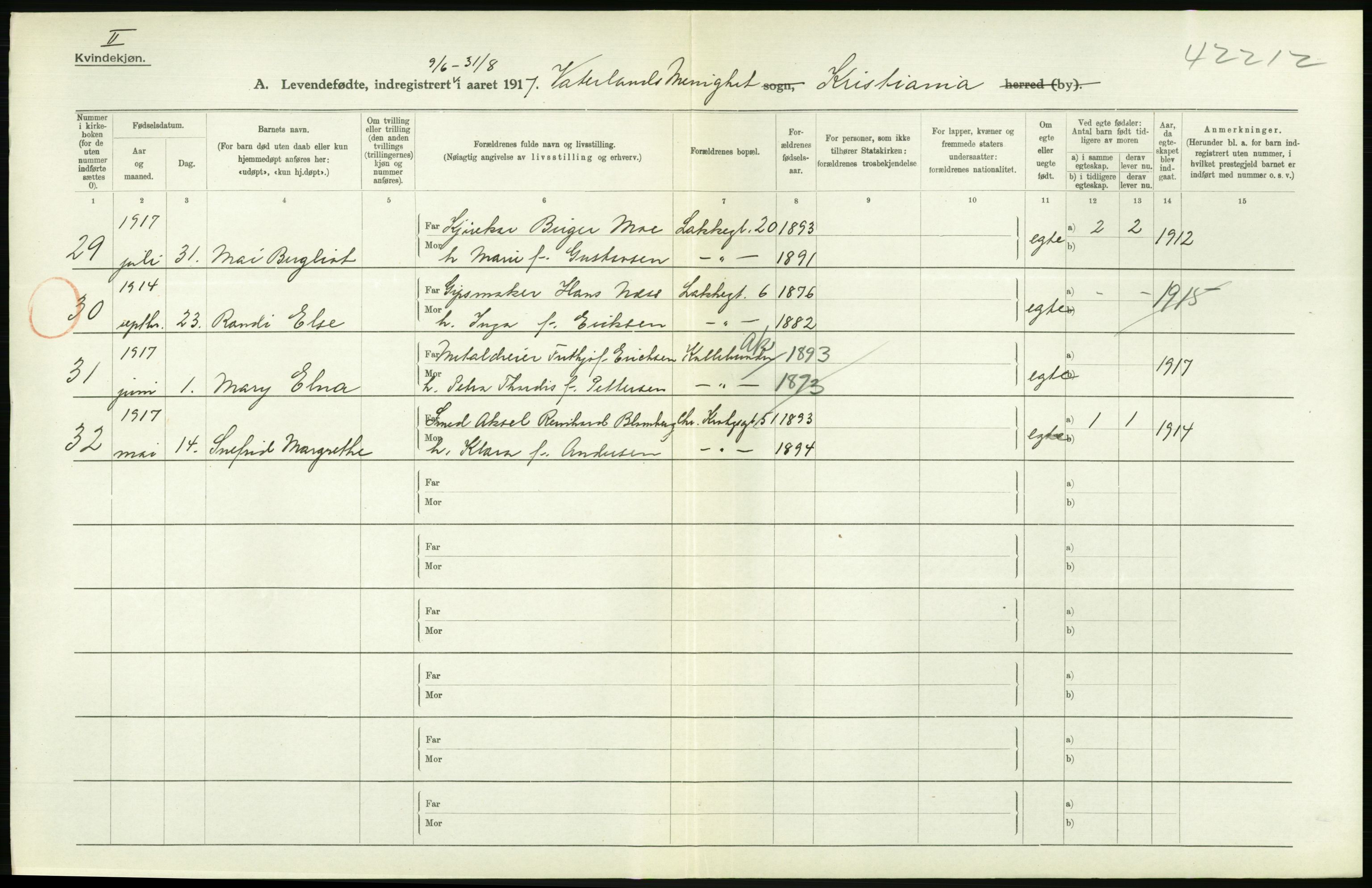 Statistisk sentralbyrå, Sosiodemografiske emner, Befolkning, AV/RA-S-2228/D/Df/Dfb/Dfbg/L0006: Kristiania: Levendefødte menn og kvinner., 1917, p. 534