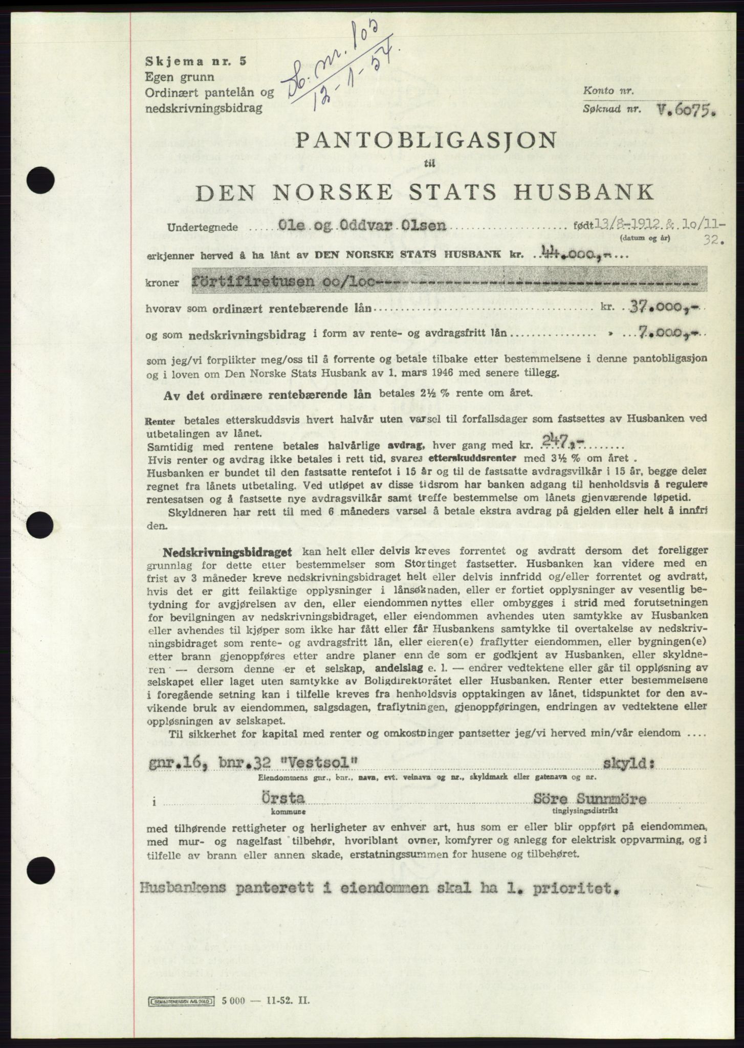 Søre Sunnmøre sorenskriveri, AV/SAT-A-4122/1/2/2C/L0124: Mortgage book no. 12B, 1953-1954, Diary no: : 105/1954