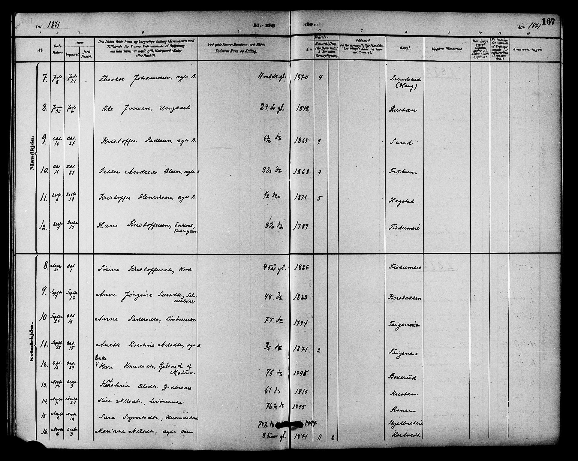 Fiskum kirkebøker, SAKO/A-15/F/Fa/L0001: Parish register (official) no. 1, 1858-1877, p. 167