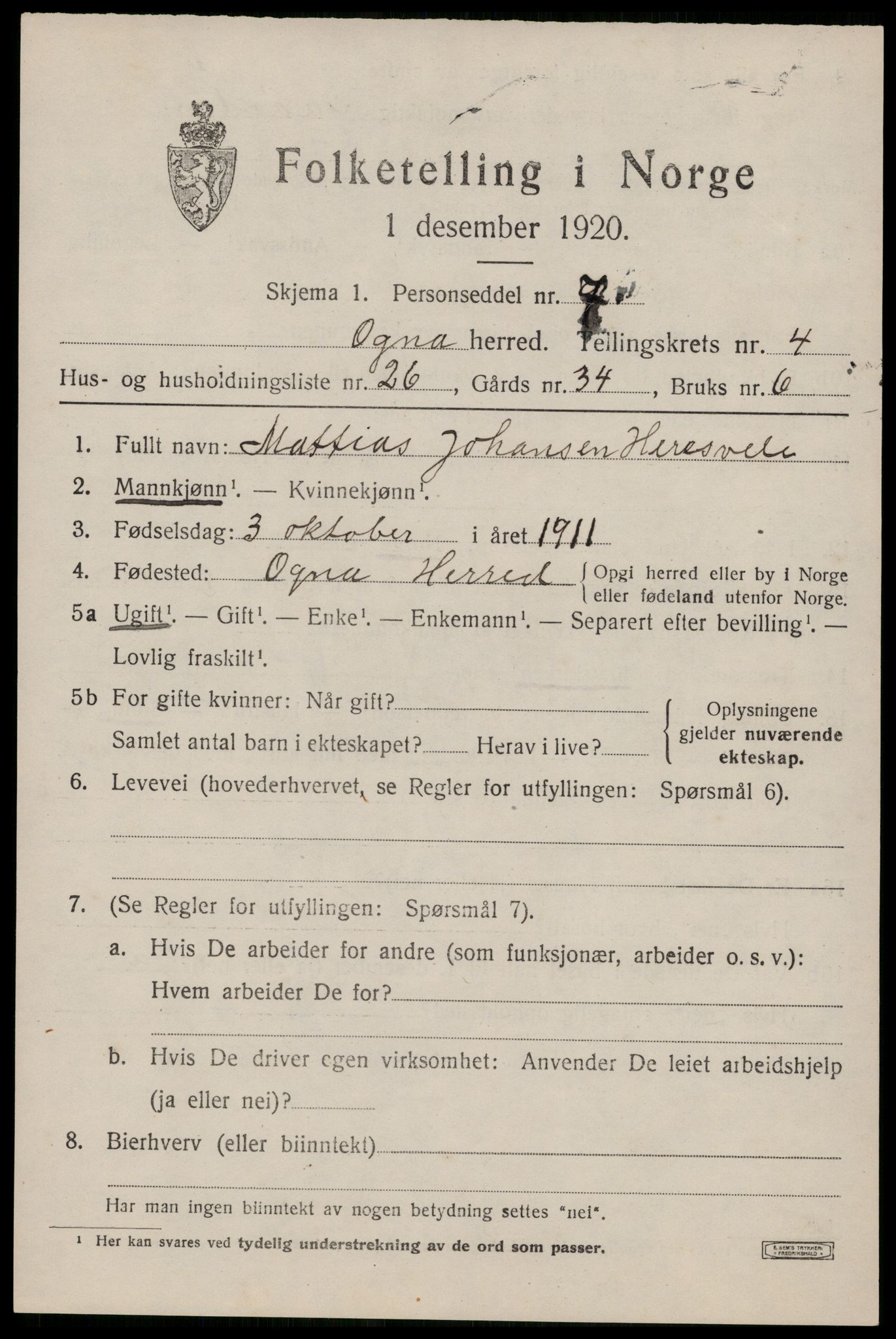 SAST, 1920 census for Ogna, 1920, p. 2759