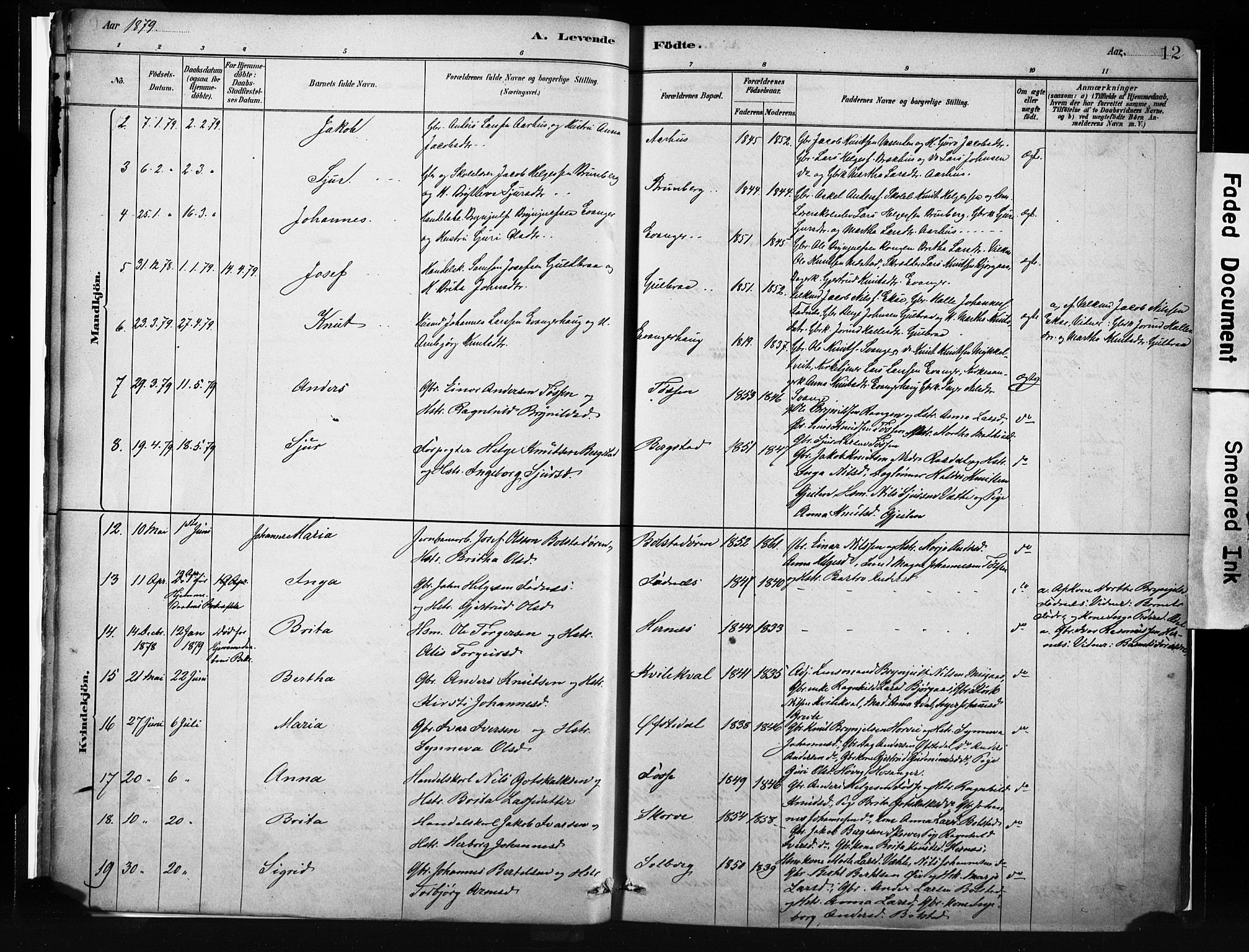 Evanger sokneprestembete, AV/SAB-A-99924: Parish register (official) no. A 1, 1877-1899, p. 12