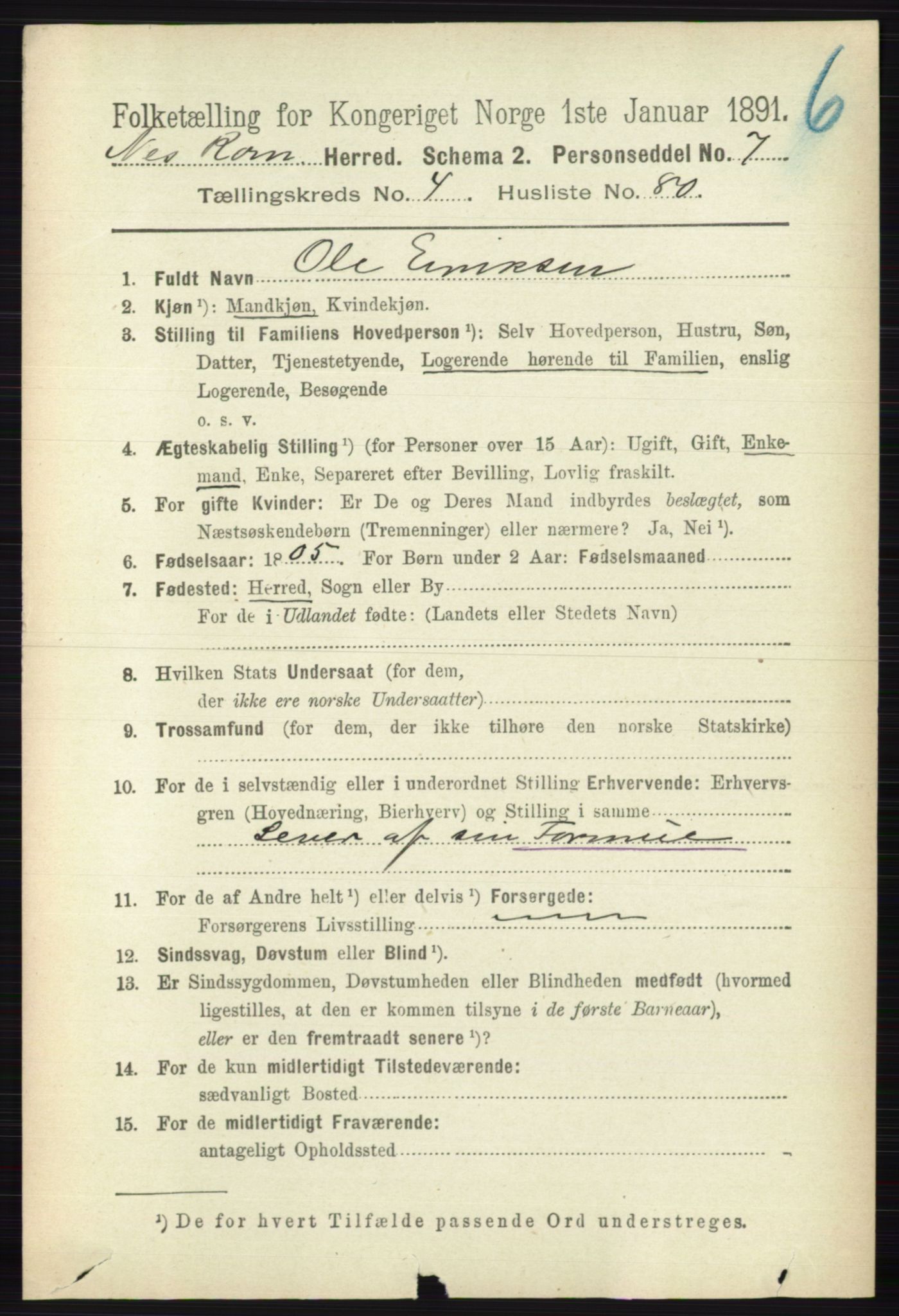 RA, 1891 census for 0236 Nes, 1891, p. 2695