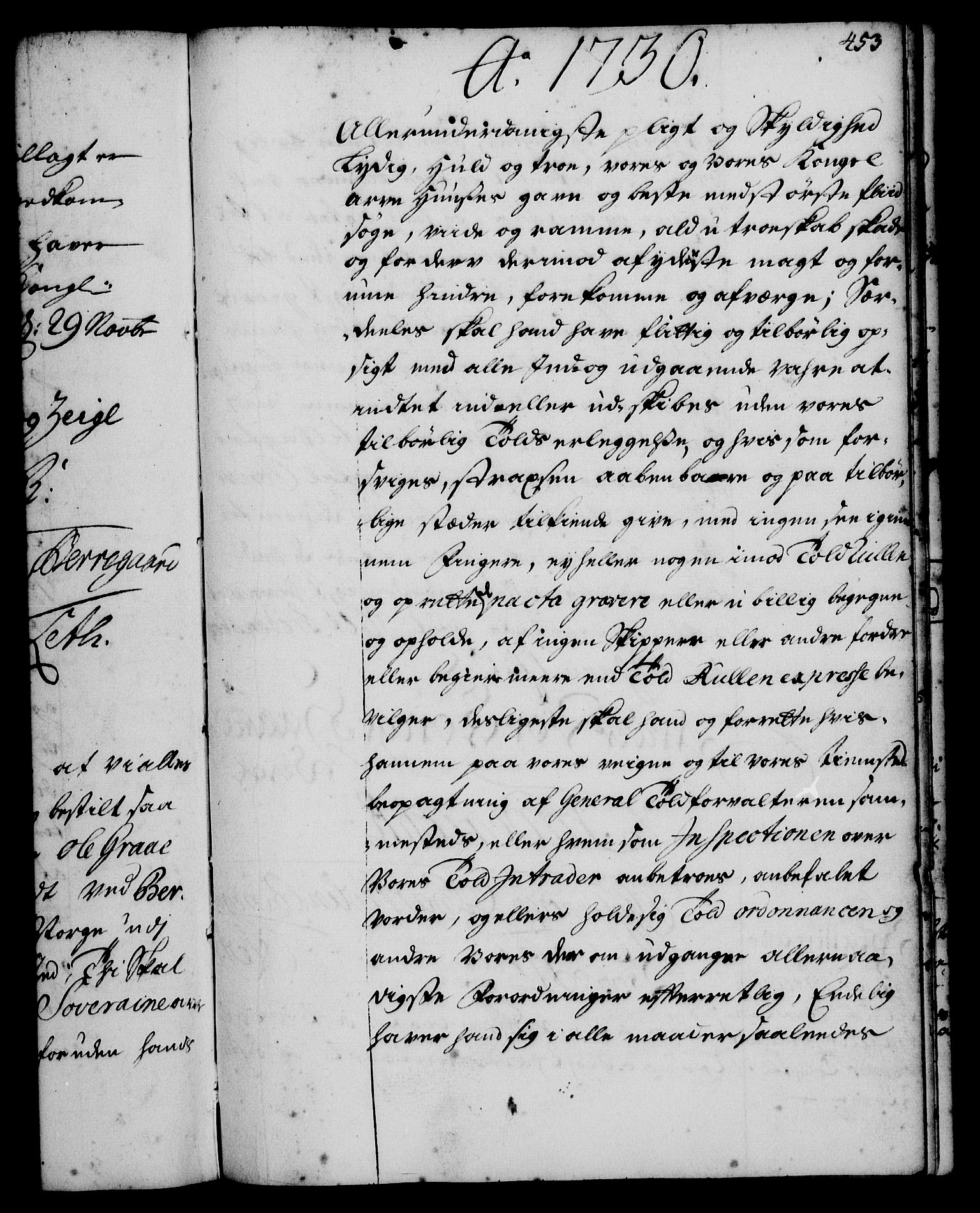 Rentekammeret, Kammerkanselliet, RA/EA-3111/G/Gg/Gge/L0001: Norsk bestallingsprotokoll med register (merket RK 53.25), 1720-1730, p. 453