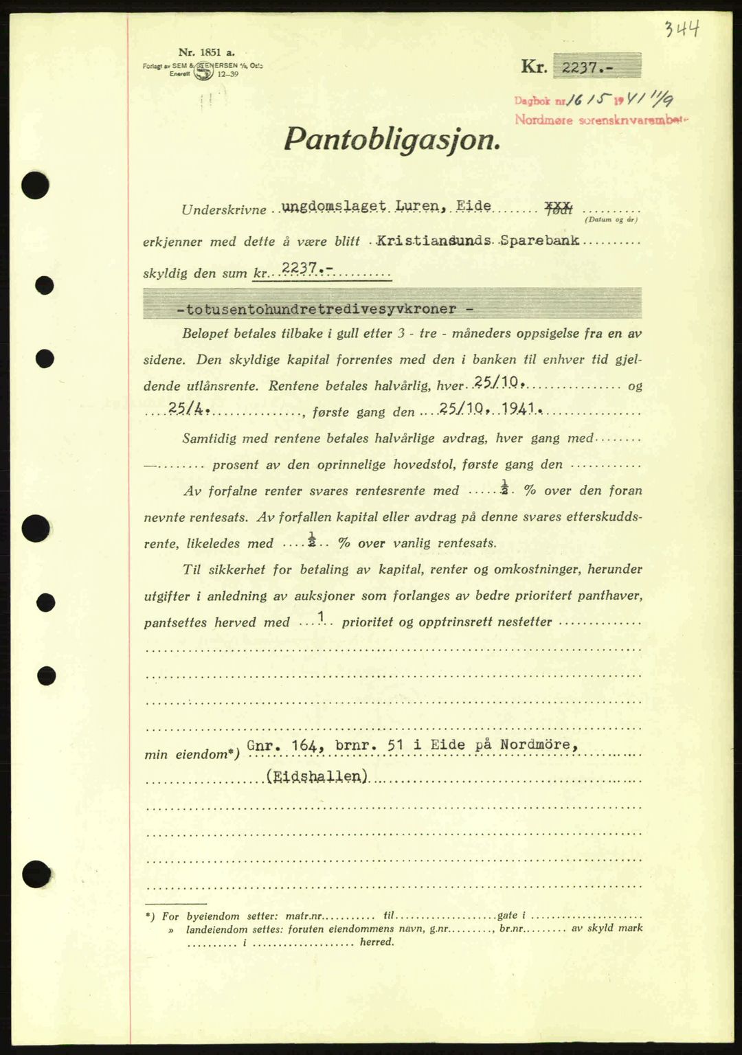 Nordmøre sorenskriveri, SAT/A-4132/1/2/2Ca: Mortgage book no. B88, 1941-1942, Diary no: : 1615/1941