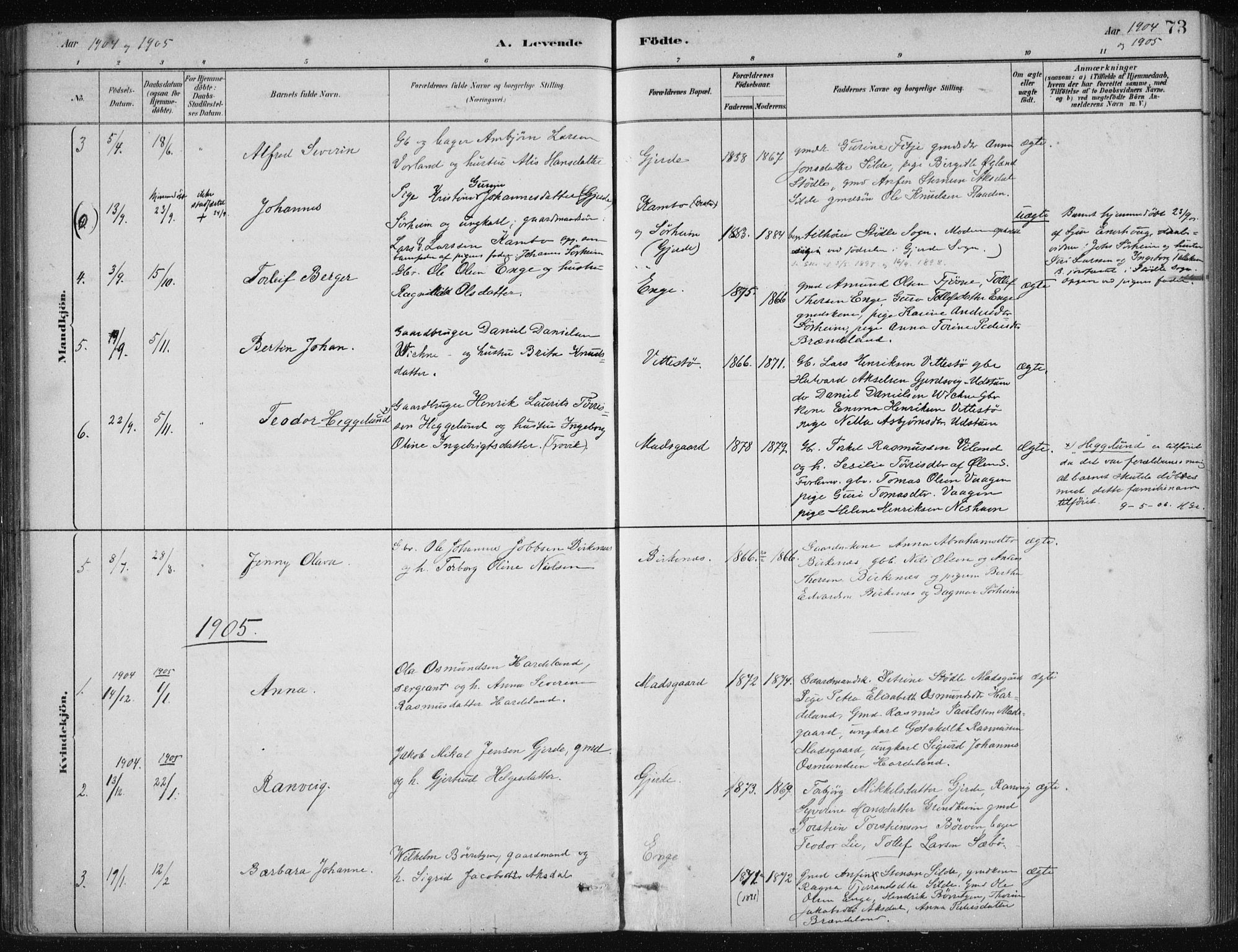 Etne sokneprestembete, AV/SAB-A-75001/H/Haa: Parish register (official) no. C  1, 1879-1919, p. 73