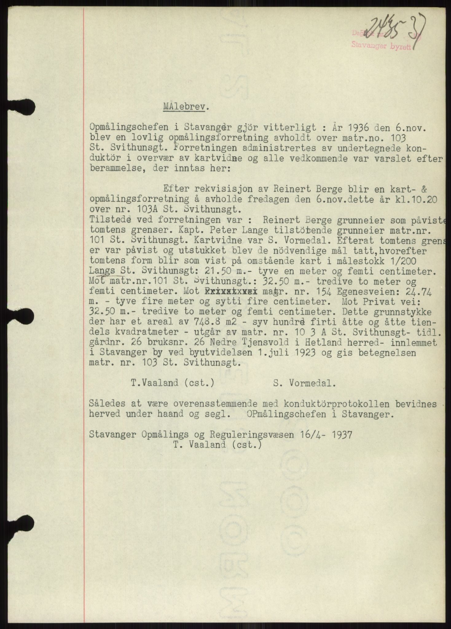 Stavanger byrett, SAST/A-100455/002/G/Gb/L0033: Mortgage book, 1936-1950, Diary no: : 2435/1937
