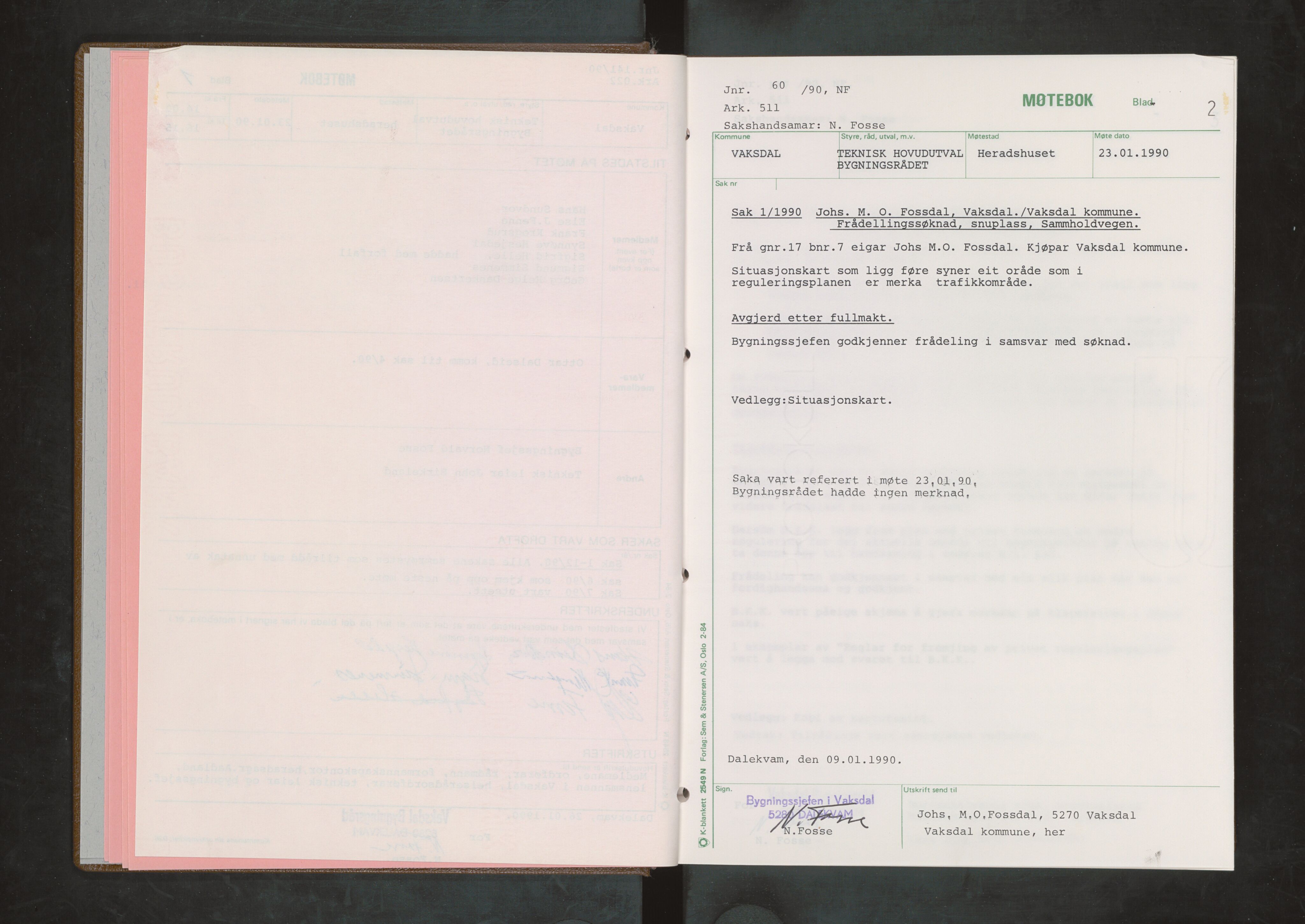 Vaksdal kommune. Bygningsrådet, IKAH/1251b-511/A/Aa/L0010: Møtebok for Vaksdal bygningsråd, 1990