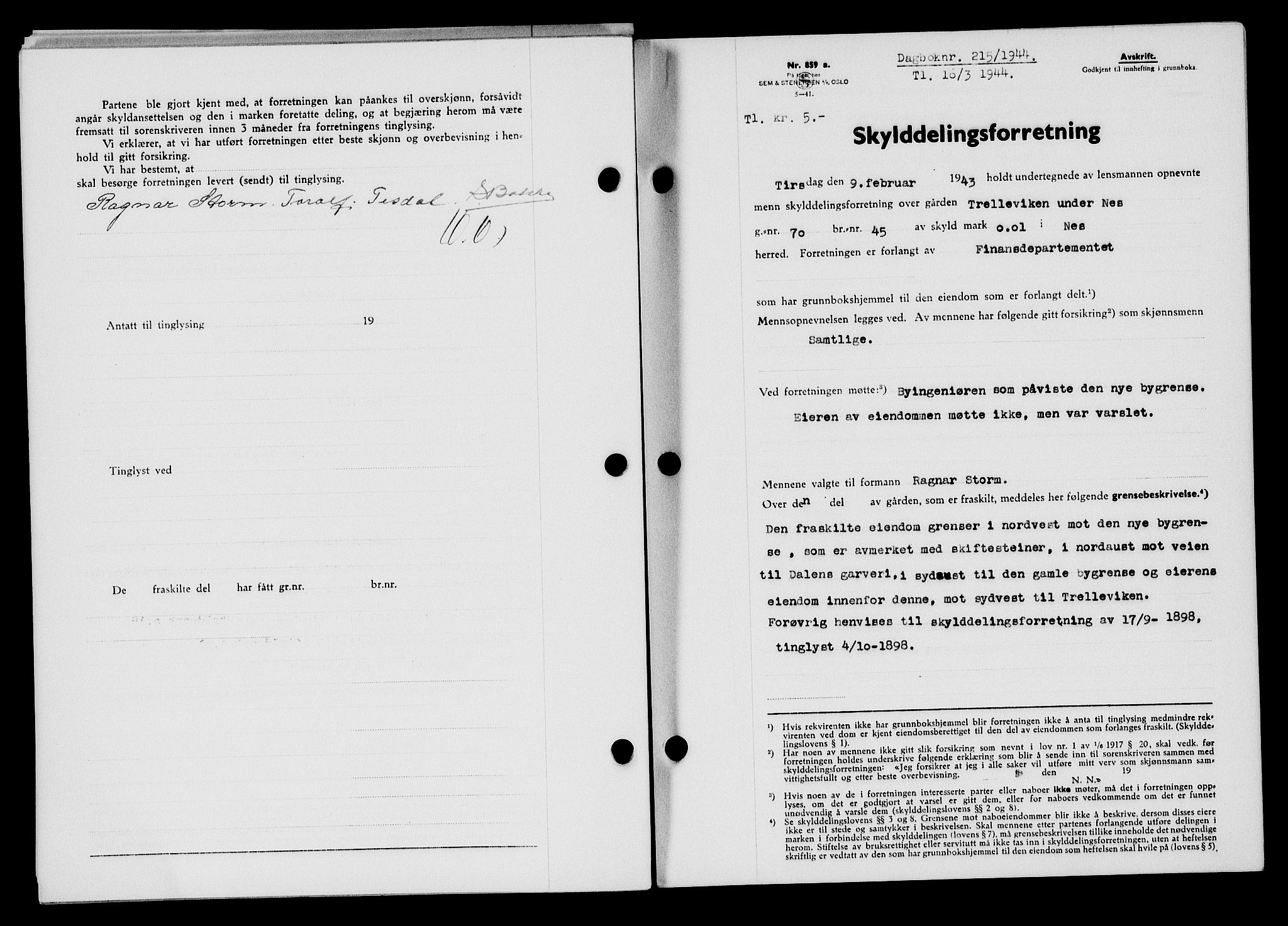 Flekkefjord sorenskriveri, SAK/1221-0001/G/Gb/Gba/L0059: Mortgage book no. A-7, 1944-1945, Diary no: : 215/1944