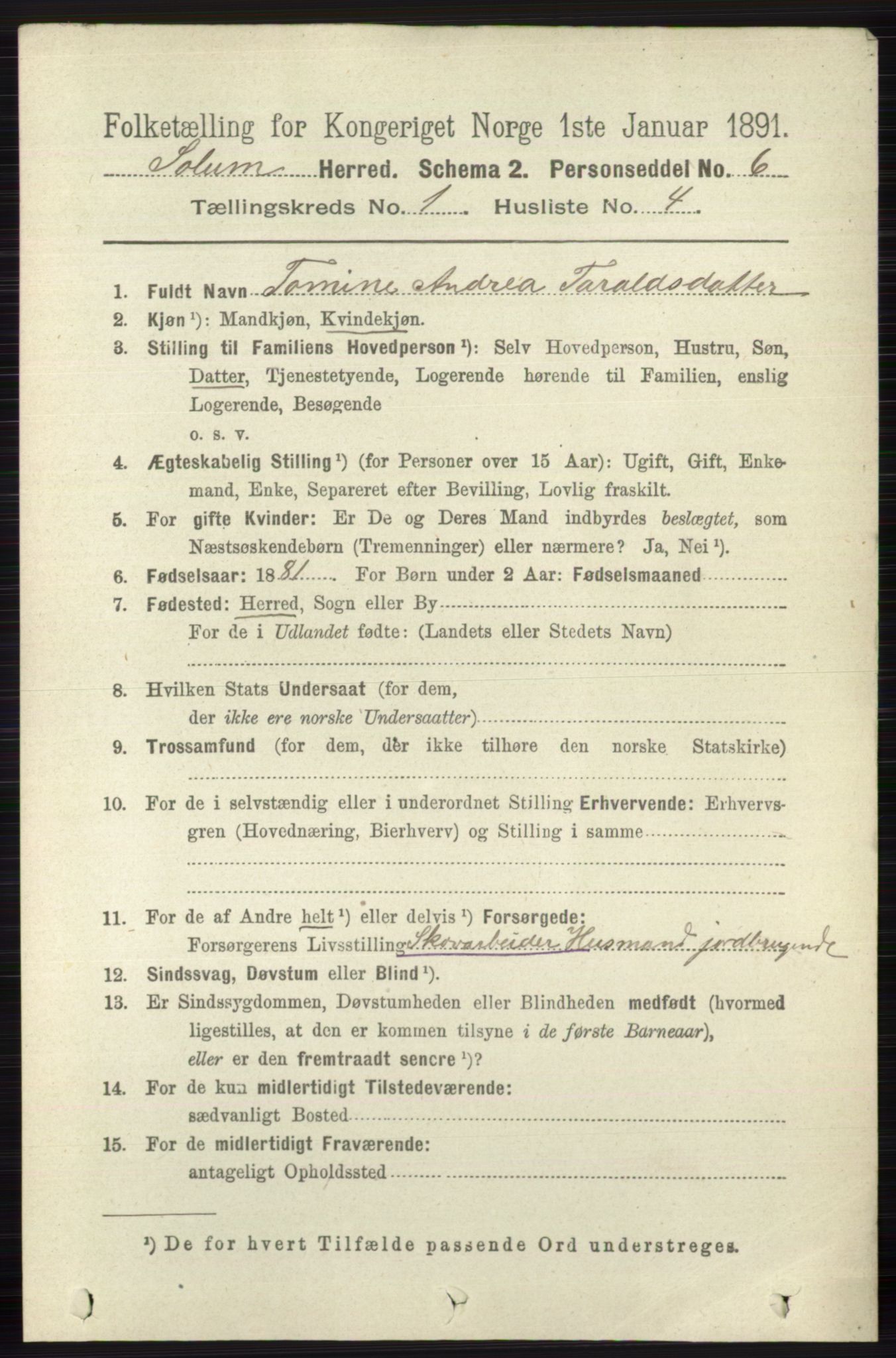 RA, 1891 census for 0818 Solum, 1891, p. 70