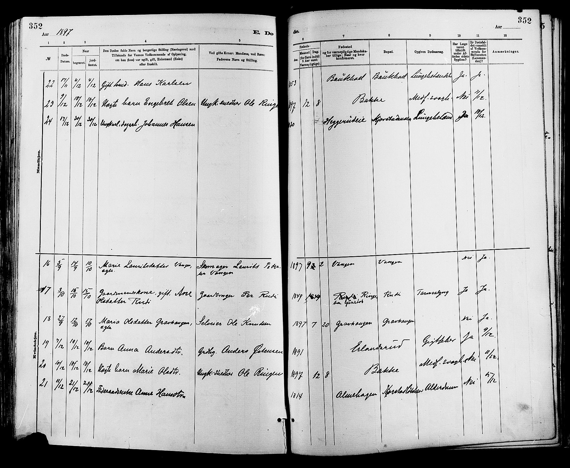 Sør-Fron prestekontor, AV/SAH-PREST-010/H/Ha/Haa/L0003: Parish register (official) no. 3, 1881-1897, p. 352