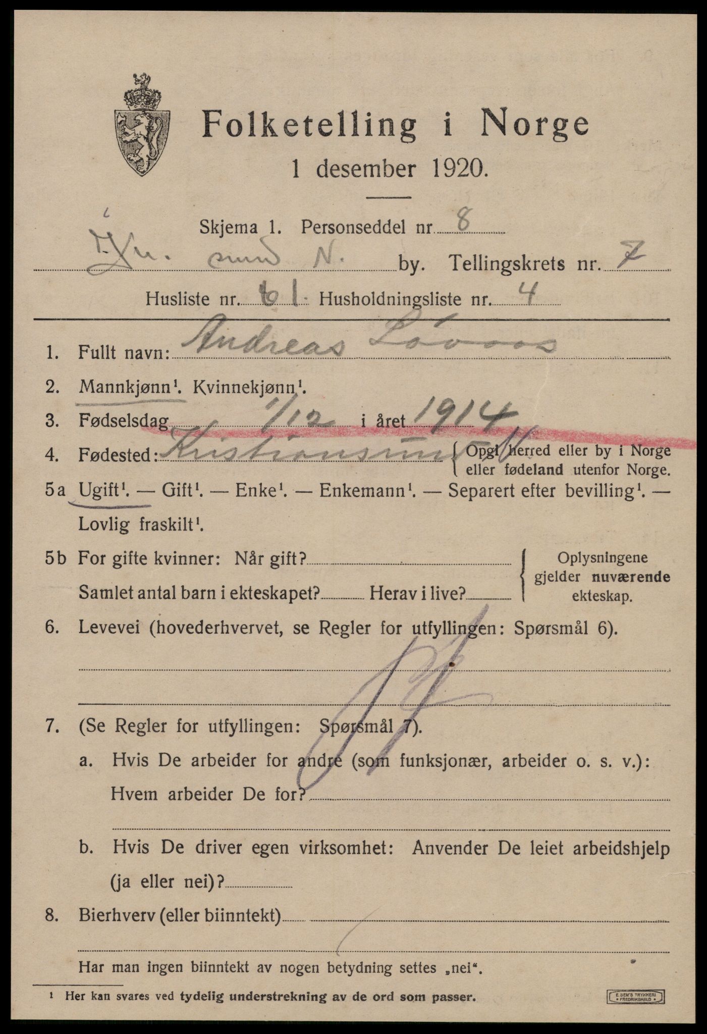 SAT, 1920 census for Kristiansund, 1920, p. 19827