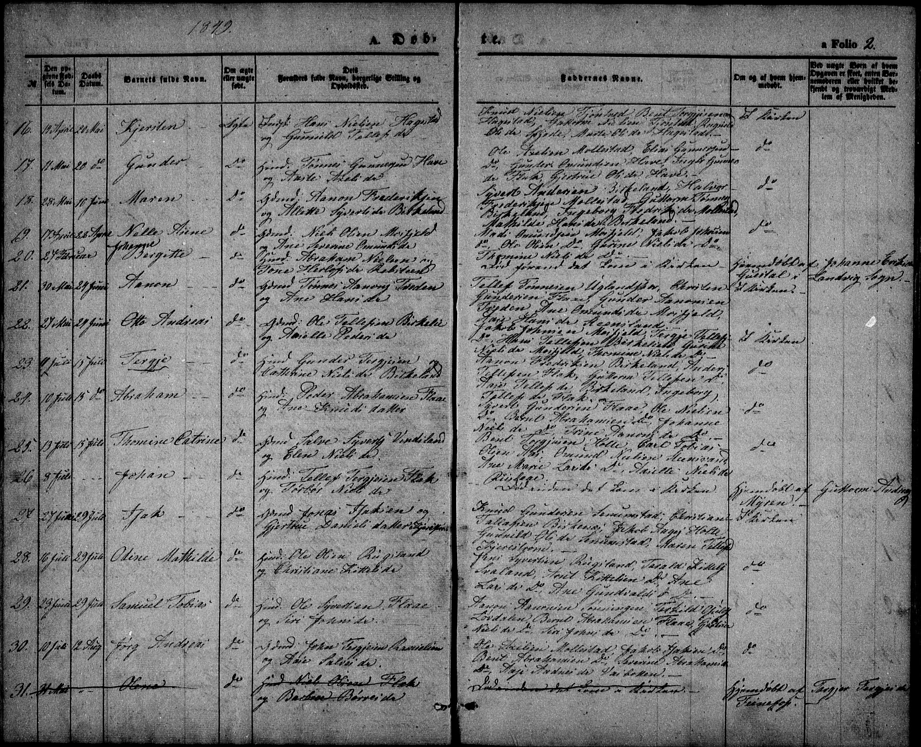 Birkenes sokneprestkontor, AV/SAK-1111-0004/F/Fb/L0002: Parish register (copy) no. B 2, 1849-1876, p. 2