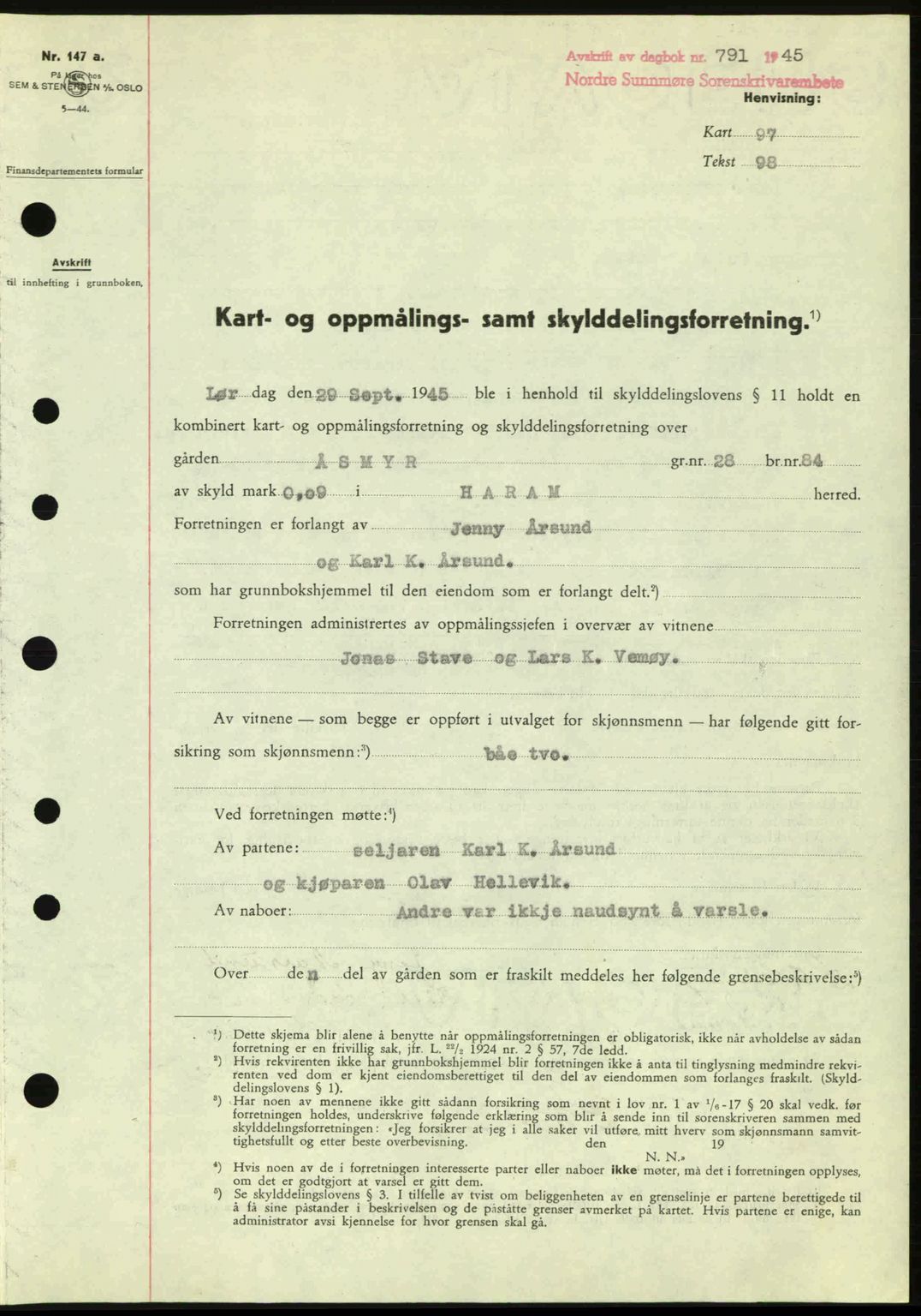 Nordre Sunnmøre sorenskriveri, AV/SAT-A-0006/1/2/2C/2Ca: Mortgage book no. A20a, 1945-1945, Diary no: : 791/1945