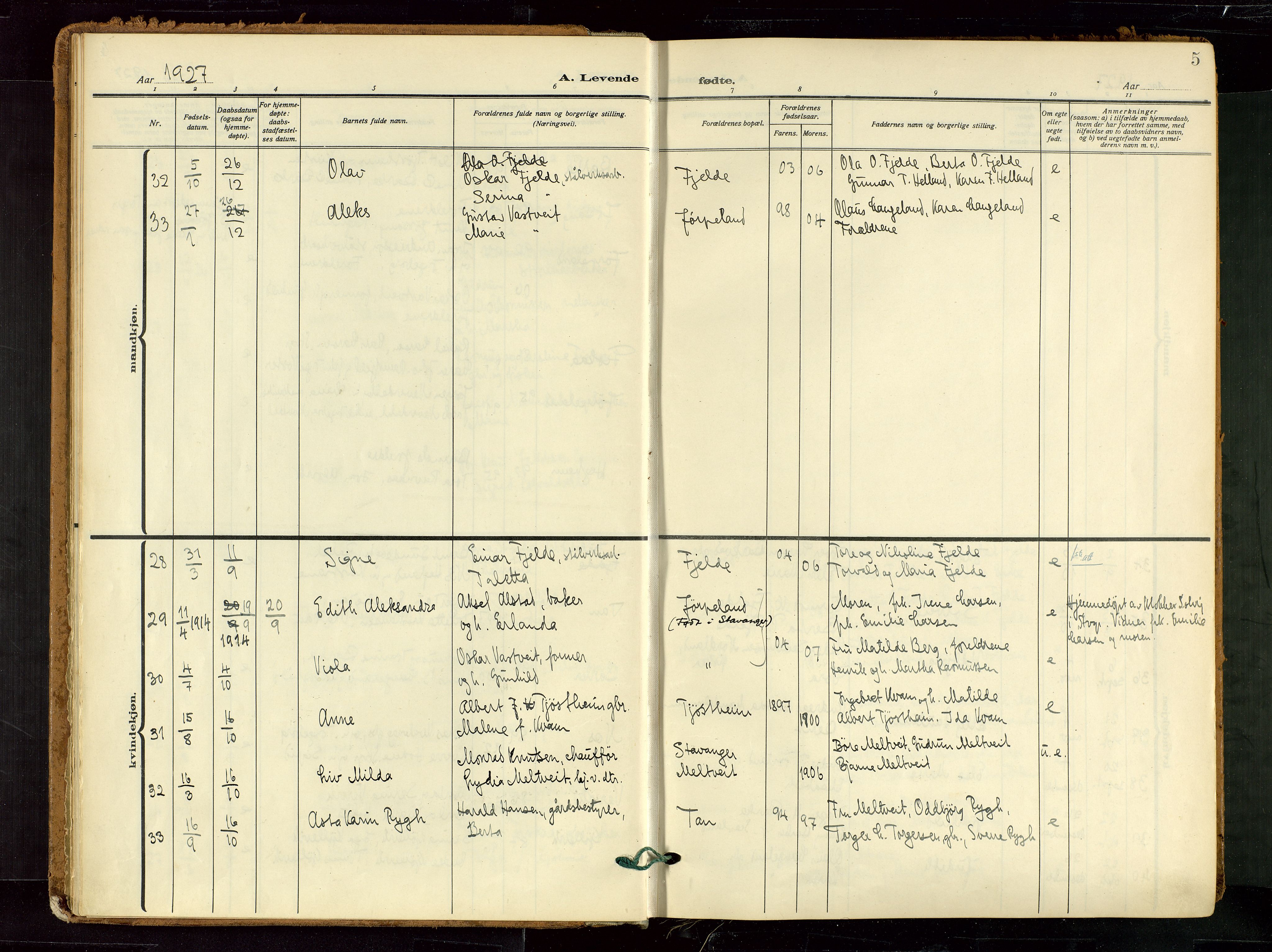 Strand sokneprestkontor, SAST/A-101828/H/Ha/Haa/L0012: Parish register (official) no. A 12, 1927-1946, p. 5