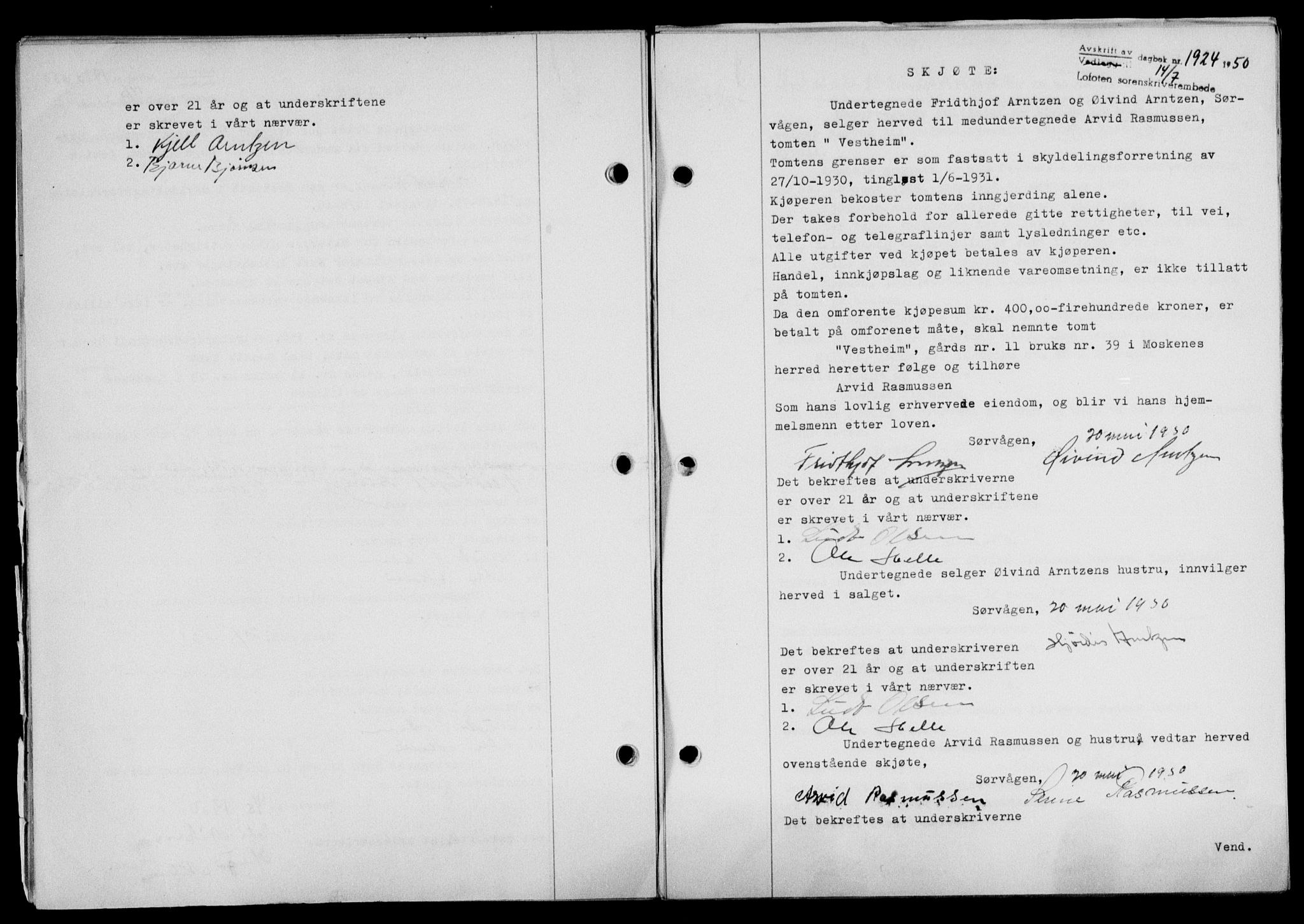 Lofoten sorenskriveri, SAT/A-0017/1/2/2C/L0024a: Mortgage book no. 24a, 1950-1950, Diary no: : 1924/1950