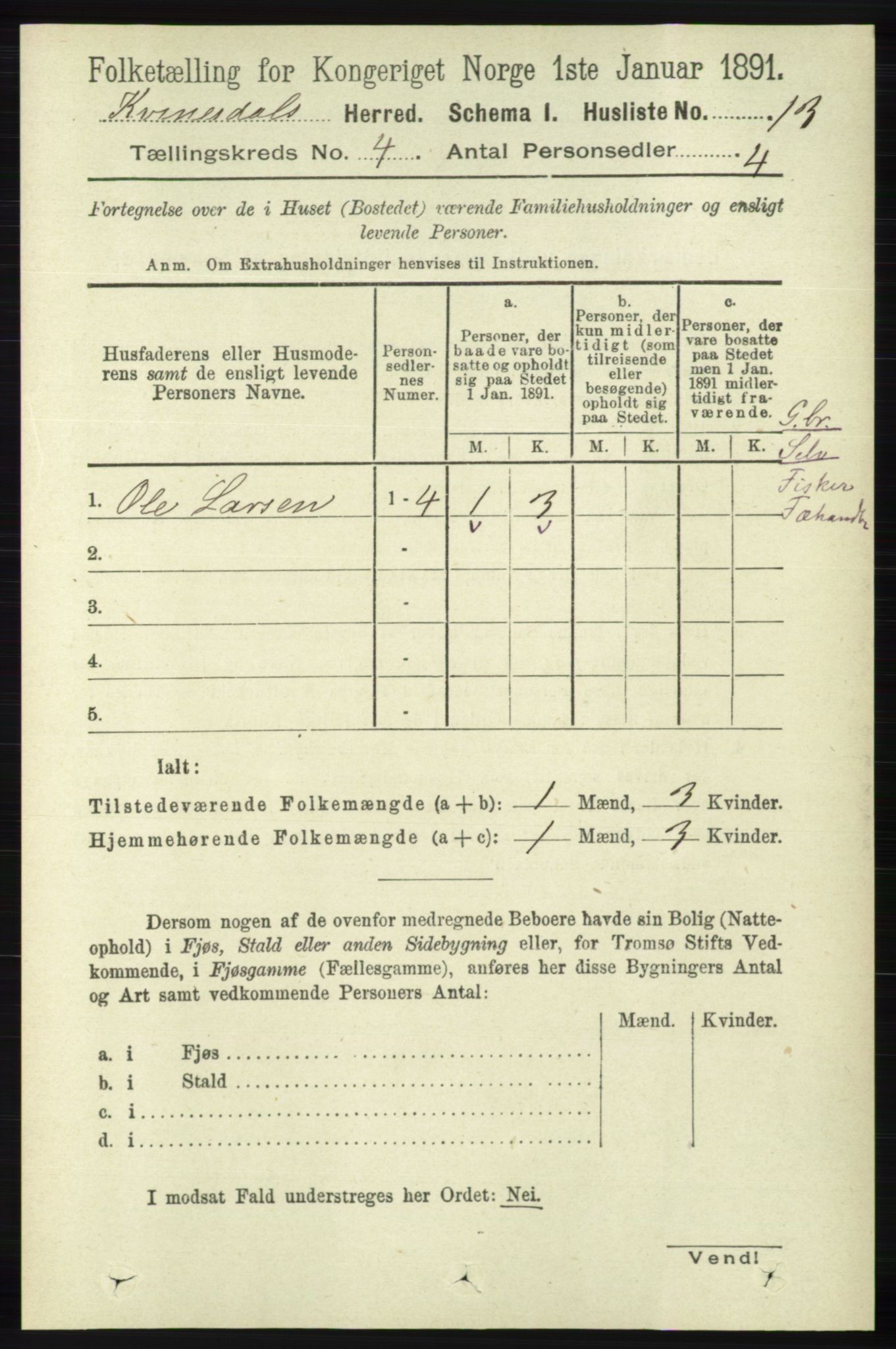 RA, 1891 census for 1037 Kvinesdal, 1891, p. 1406