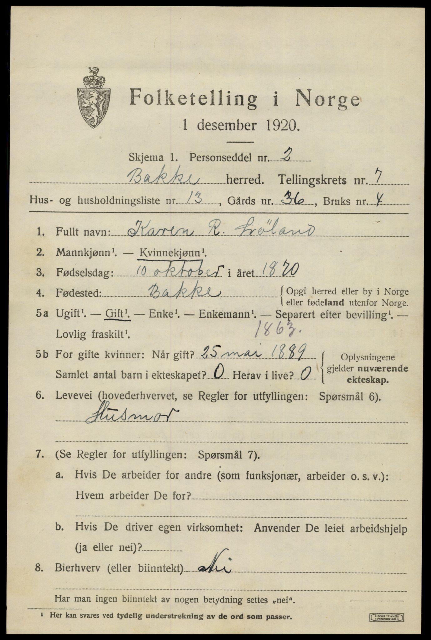 SAK, 1920 census for Bakke, 1920, p. 2372