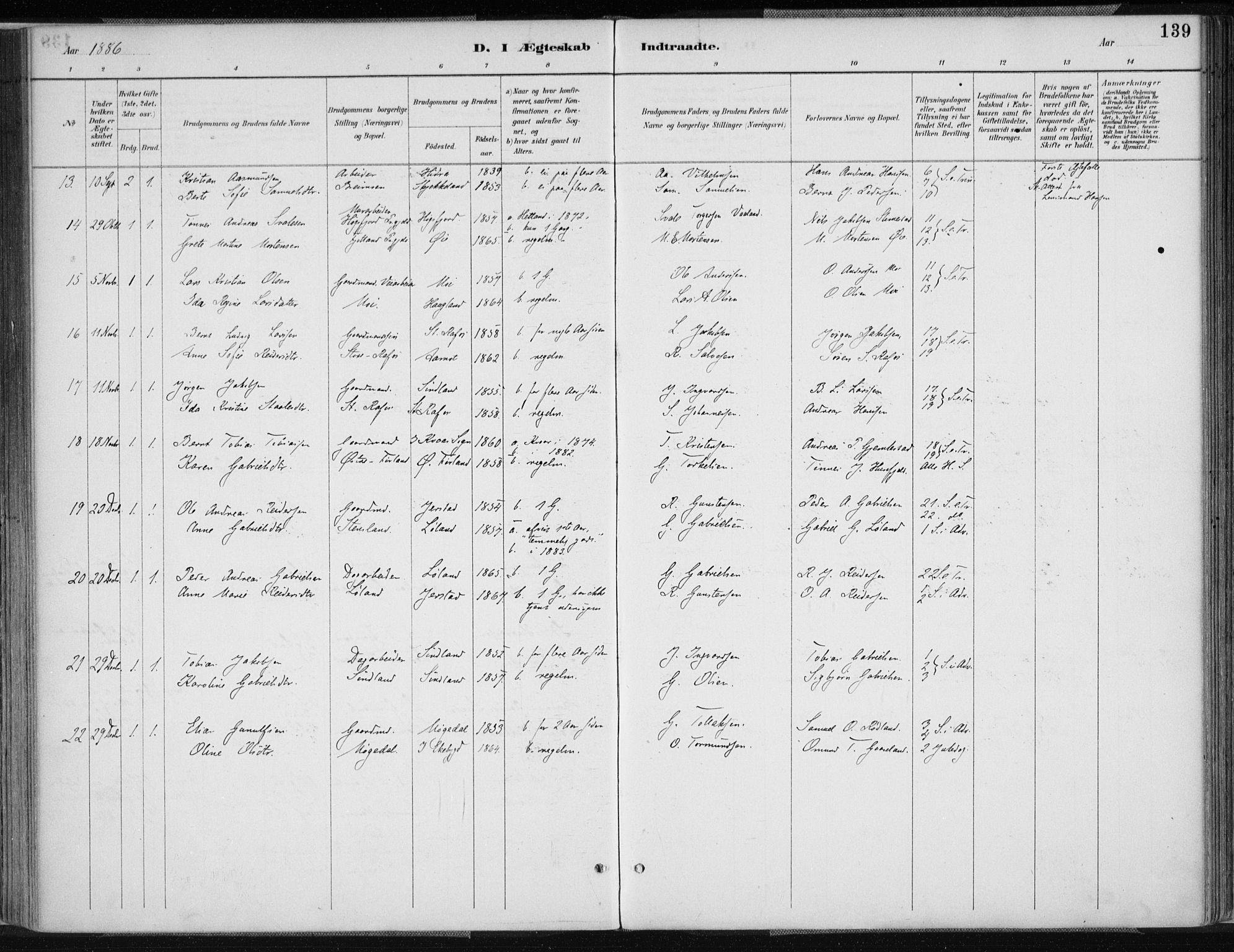 Kvinesdal sokneprestkontor, AV/SAK-1111-0026/F/Fa/Fab/L0008: Parish register (official) no. A 8, 1886-1897, p. 139