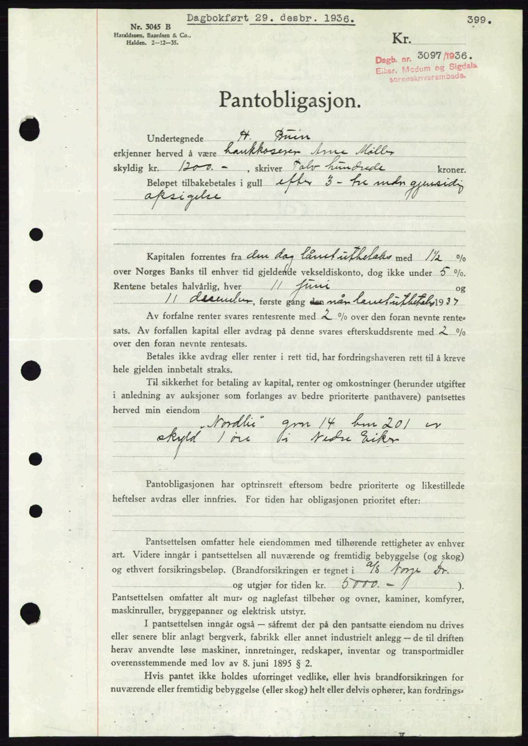 Eiker, Modum og Sigdal sorenskriveri, SAKO/A-123/G/Ga/Gab/L0034: Mortgage book no. A4, 1936-1937, Diary no: : 3097/1936