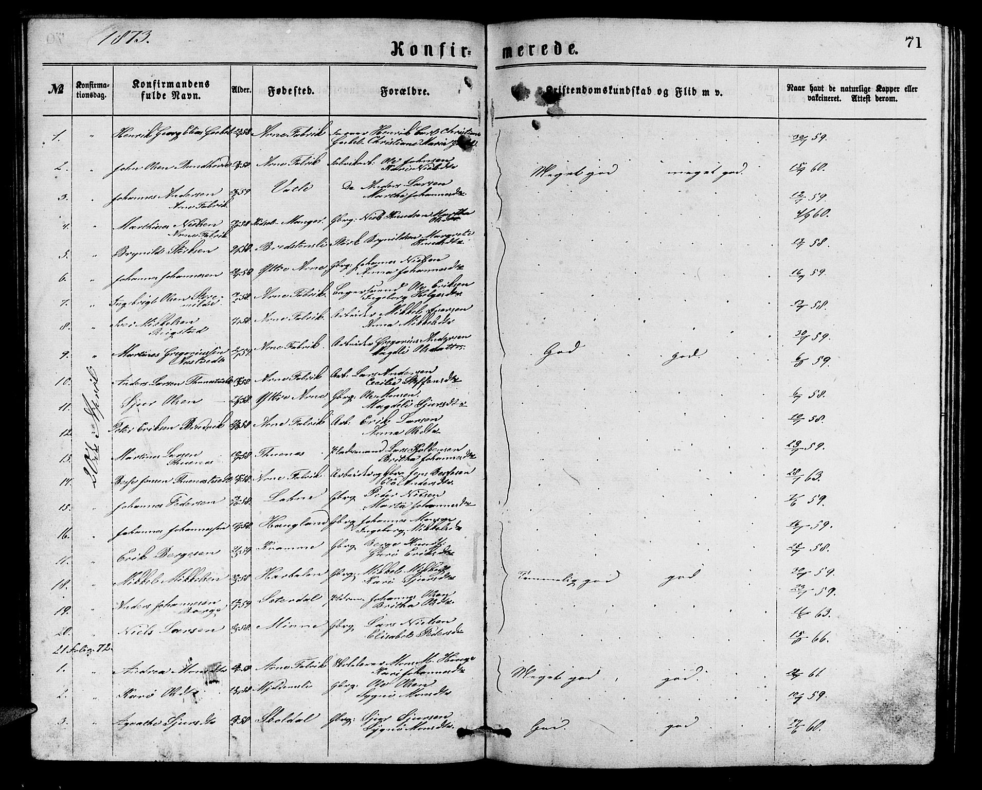 Arna Sokneprestembete, SAB/A-74001/H/Ha/Hab: Parish register (copy) no. A 1, 1869-1879, p. 71