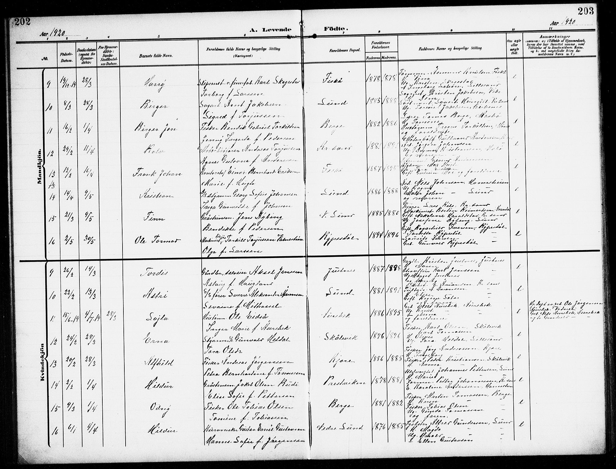 Oddernes sokneprestkontor, SAK/1111-0033/F/Fb/Fba/L0010: Parish register (copy) no. B 10, 1907-1941, p. 202-203