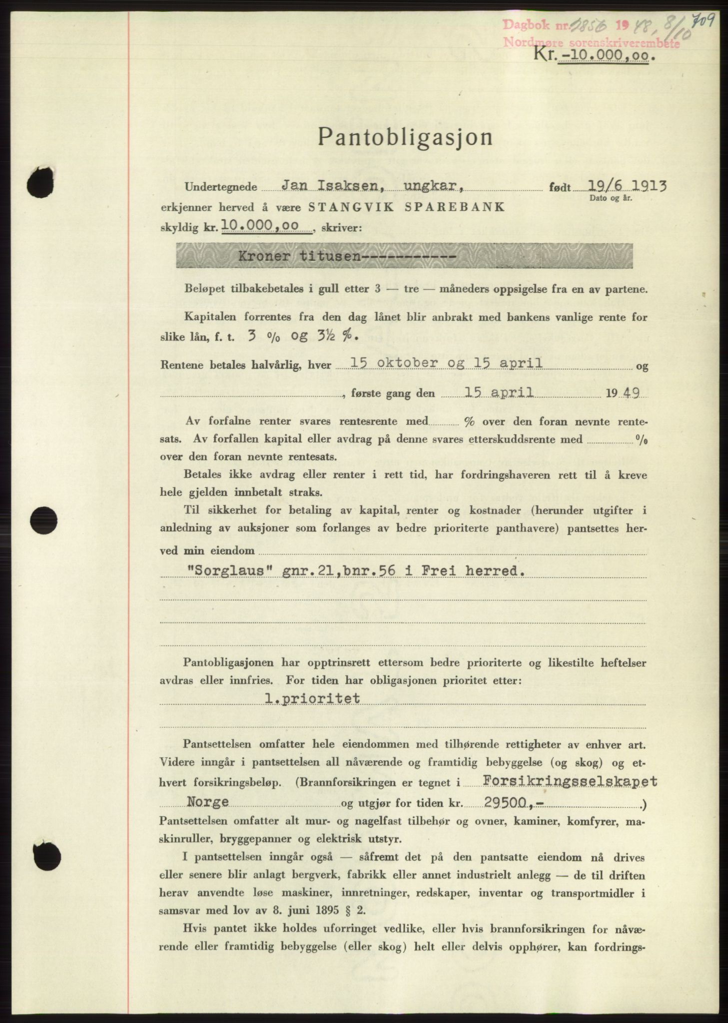 Nordmøre sorenskriveri, AV/SAT-A-4132/1/2/2Ca: Mortgage book no. B99, 1948-1948, Diary no: : 2856/1948