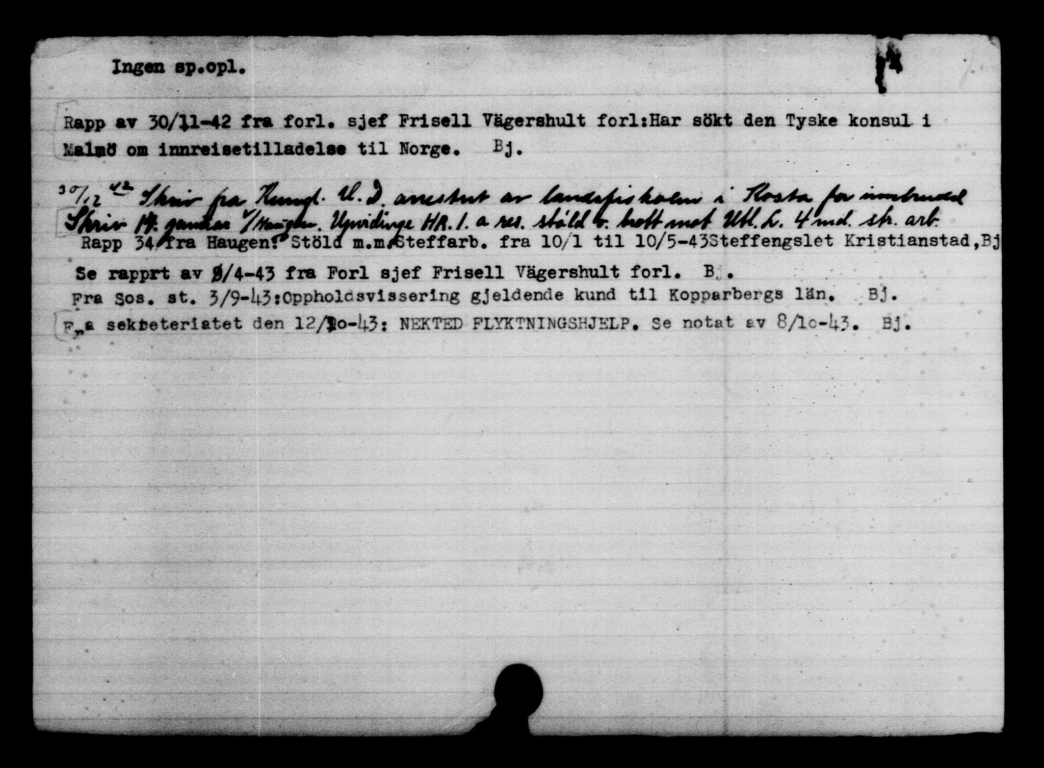 Utenriksstasjonene, Legasjonen i Stockholm, Flyktningkontoret, AV/RA-S-6753/V/Va/L0004: Kjesäterkartoteket, flyktninger med registreringsnr. 3496-6610, 1940-1945, p. 3162