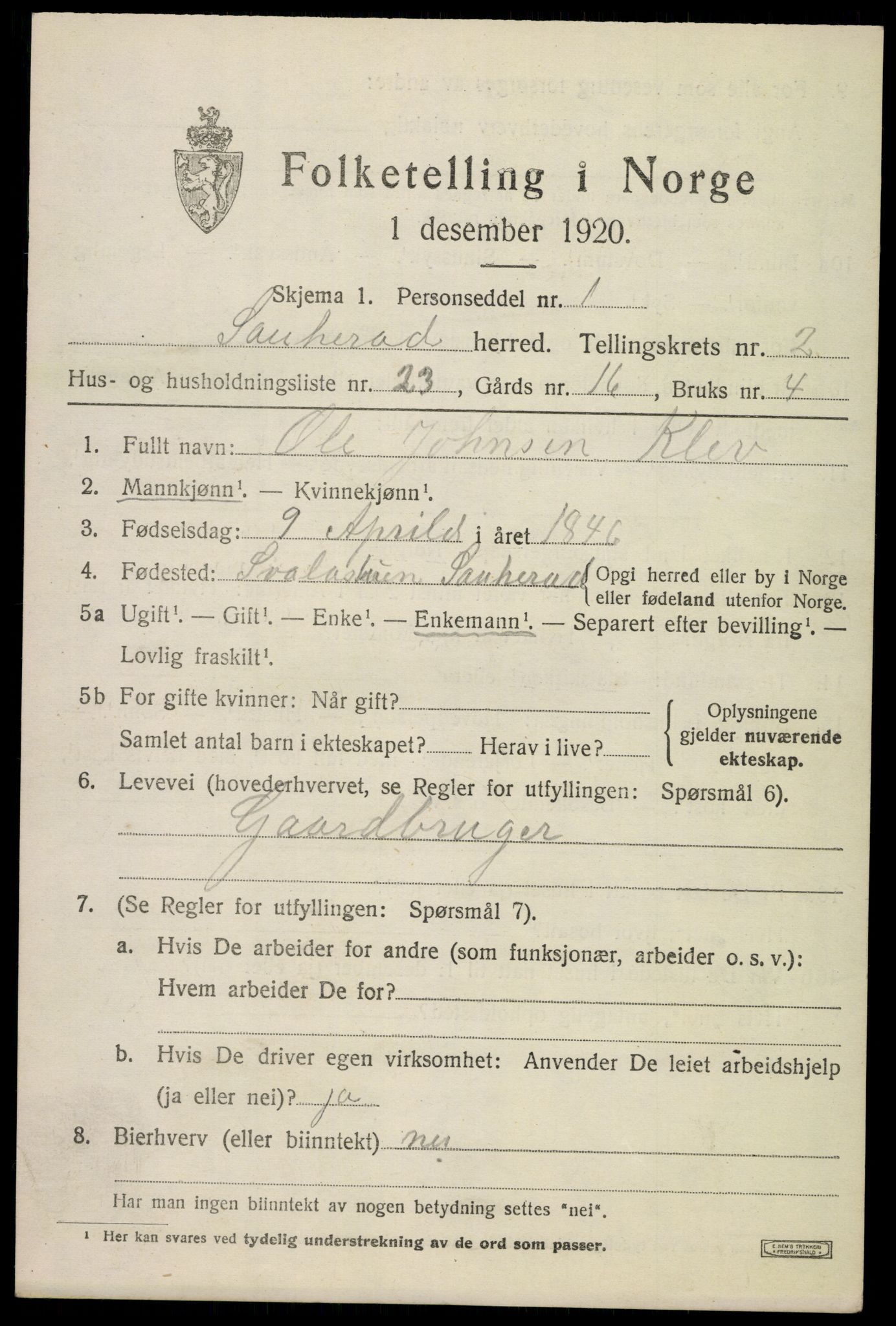 SAKO, 1920 census for Sauherad, 1920, p. 2513