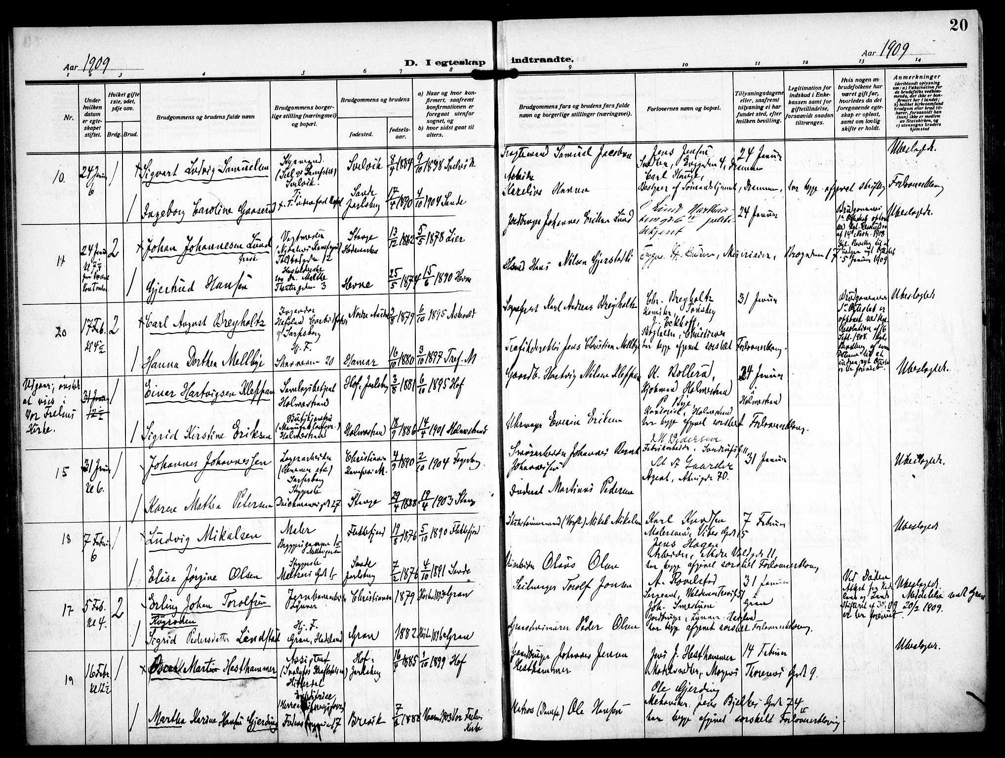 Trefoldighet prestekontor Kirkebøker, SAO/A-10882/F/Fc/L0006: Parish register (official) no. III 6, 1908-1914, p. 20