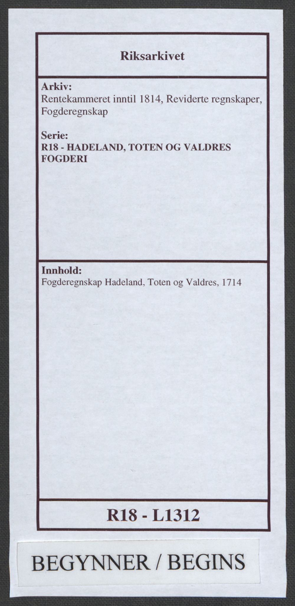 Rentekammeret inntil 1814, Reviderte regnskaper, Fogderegnskap, AV/RA-EA-4092/R18/L1312: Fogderegnskap Hadeland, Toten og Valdres, 1714, p. 1