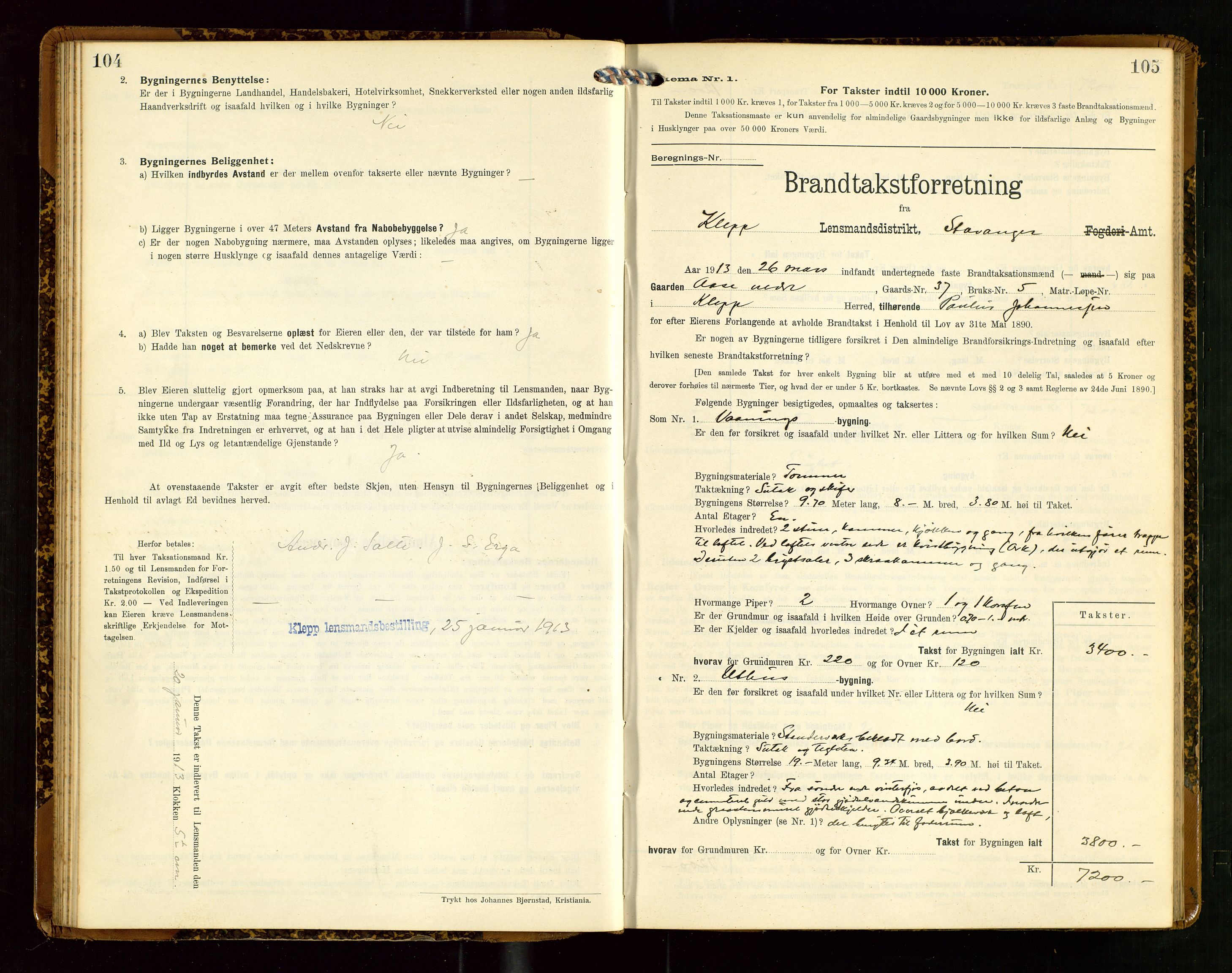 Klepp lensmannskontor, AV/SAST-A-100163/Goc/L0007: "Brandtaxationsprotokol" m/register, 1911-1915, p. 104-105