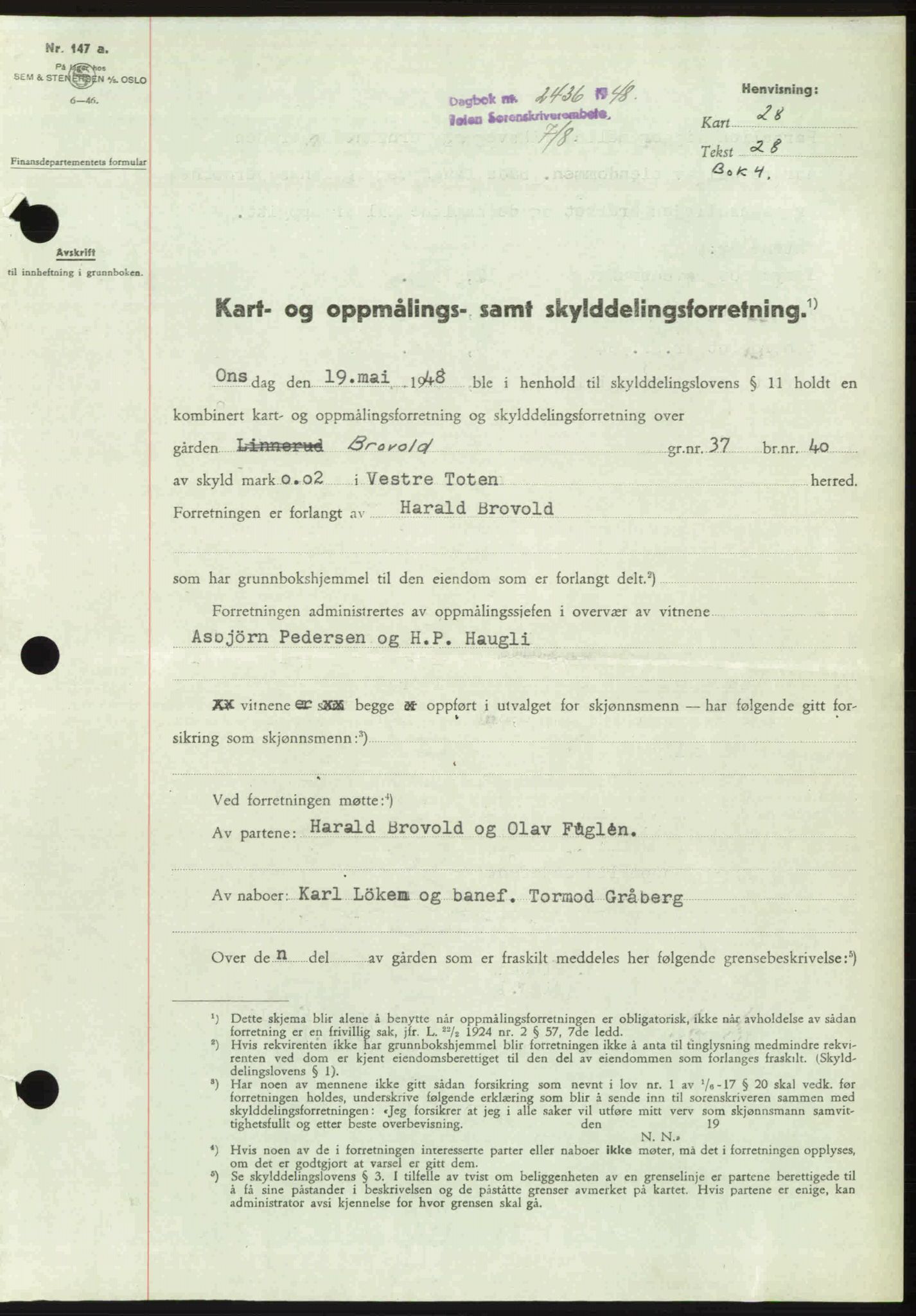 Toten tingrett, SAH/TING-006/H/Hb/Hbc/L0020: Mortgage book no. Hbc-20, 1948-1948, Diary no: : 2436/1948