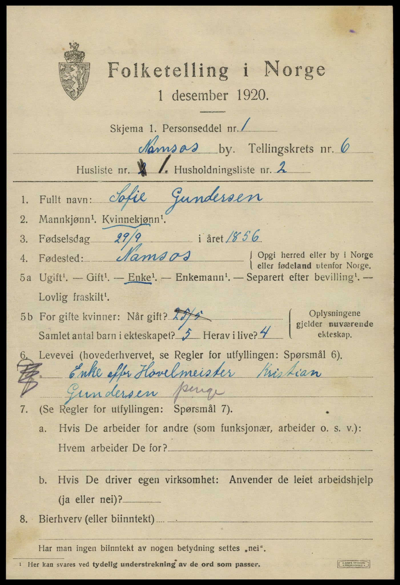 SAT, 1920 census for Namsos, 1920, p. 6337