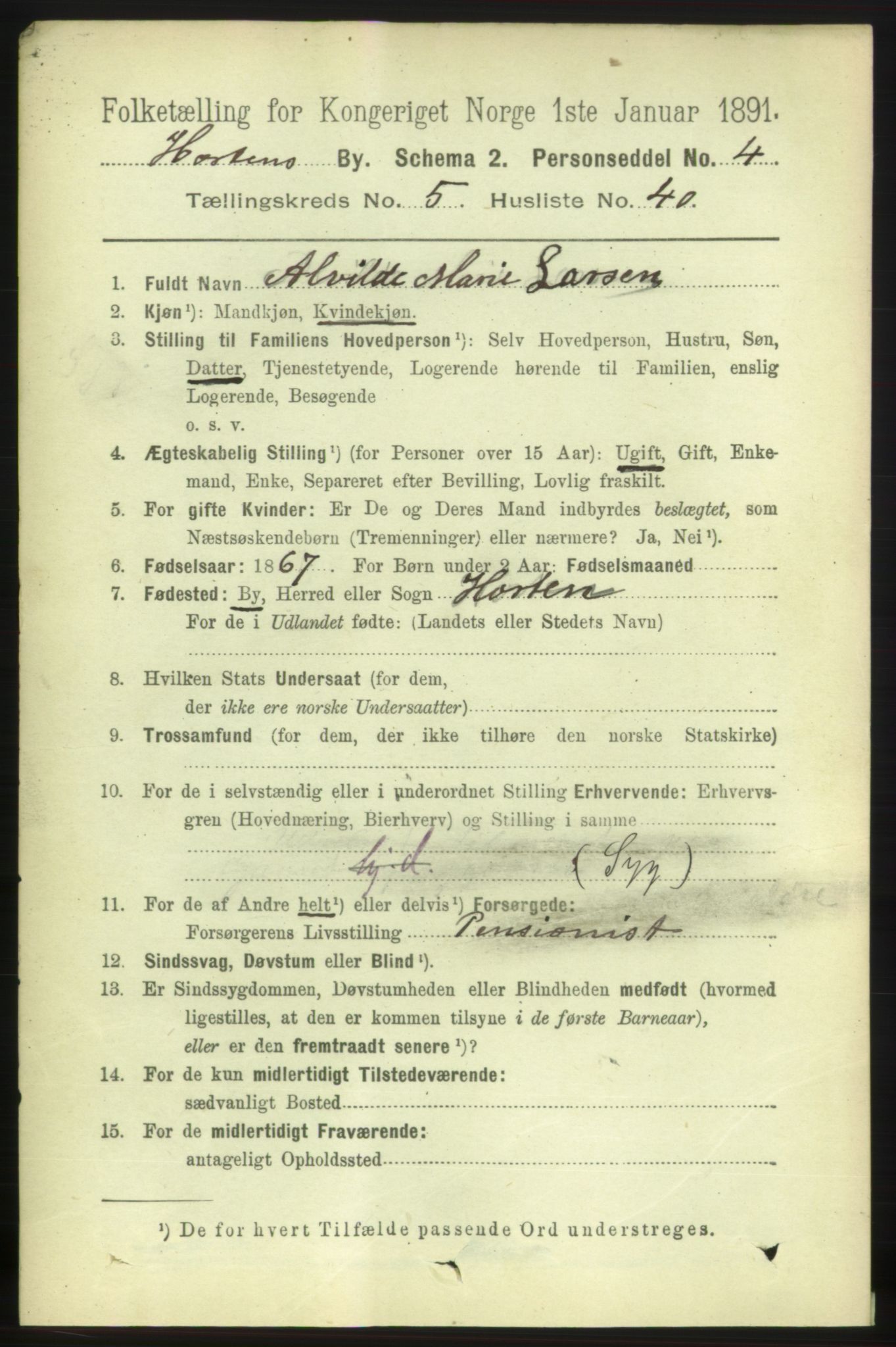 RA, 1891 census for 0703 Horten, 1891, p. 3765